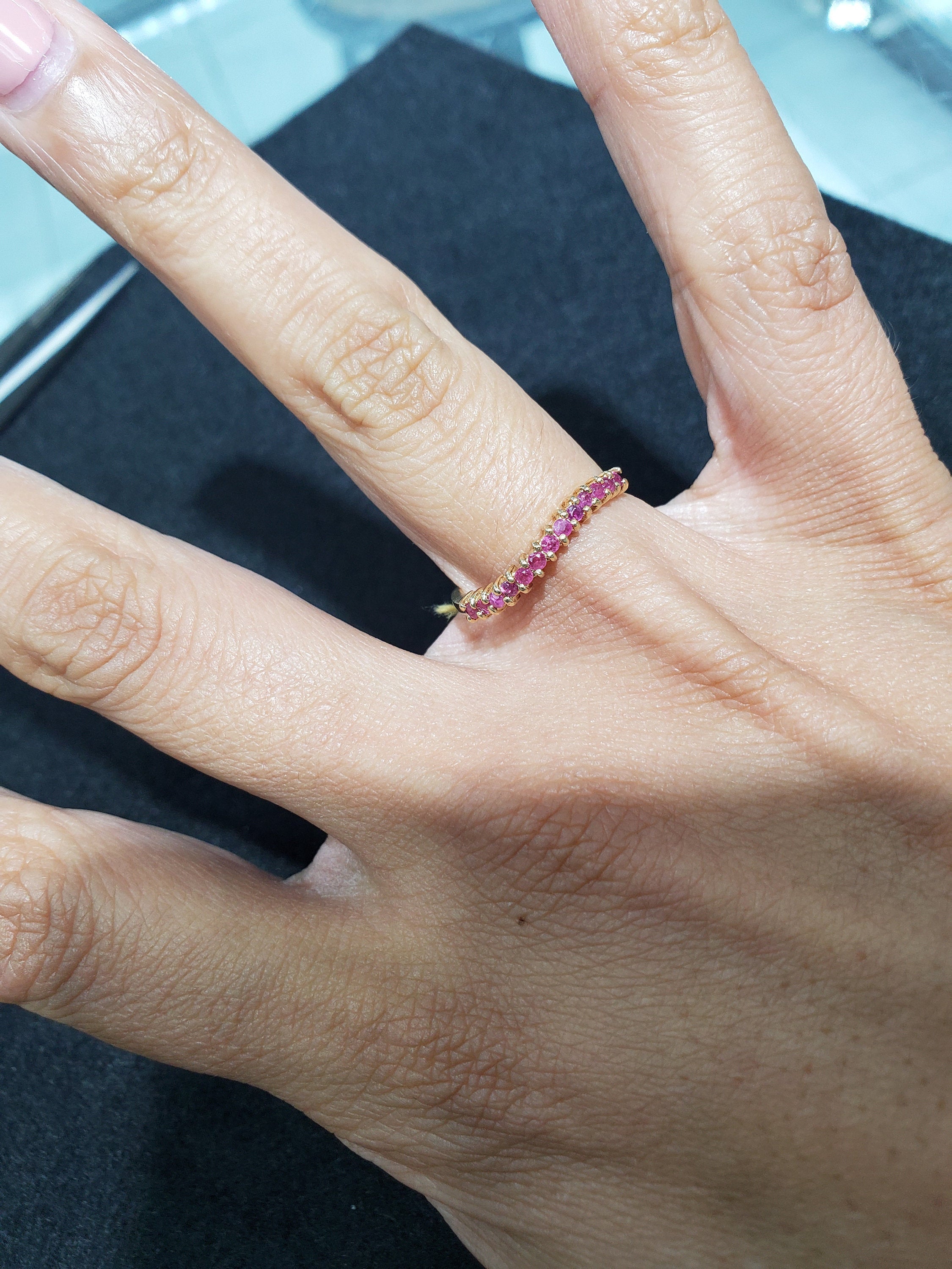 10K Yellow Gold Curved Ruby & Sapphire Stackable Ring - Elegant Layered Jewelry for Weddings, Anniversaries & Special Occasions
