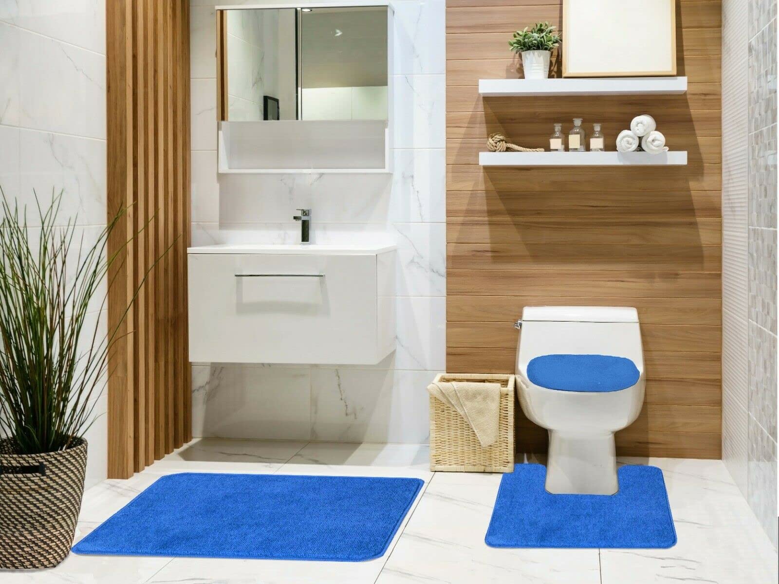 Kashi Tobin 3-Piece Bathroom Rug Set - Non-Slip Rubber Back, Water Absorbent Low Pile Bath Mat, Contour Rug & Toilet Lid Cover - Ocean Blue | Soft Floor Mats for Bathroom Safety & Comfort
