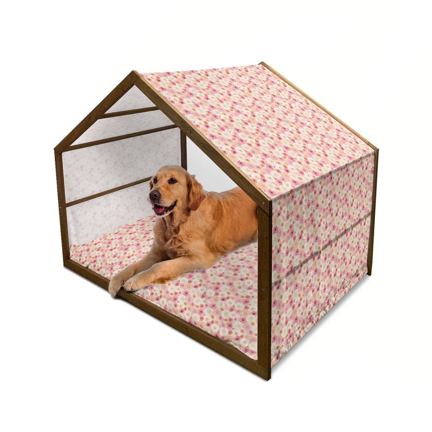 Ambesonne Rose Wooden Dog House - Romantic Pastel Rose Petals & Buds Pattern, Indoor & Outdoor Portable Pet Kennel with Pillow & Cover, 2X-Large, Multicolor - Perfect for Small to Medium Dogs in Gardens, Patios, or Living Rooms
