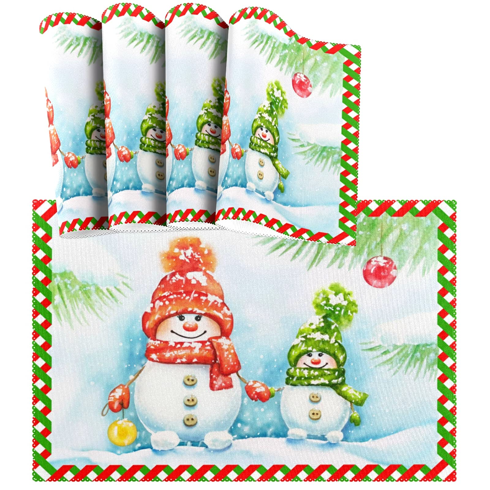 4-Pack Christmas Snowman Placemats - Watercolor Design, Non-Slip & Heat-Resistant Washable Table Mats for Kitchen & Dining (12x18 Inch) - Perfect Holiday Decor for Christmas Parties & Winter Home Decorations