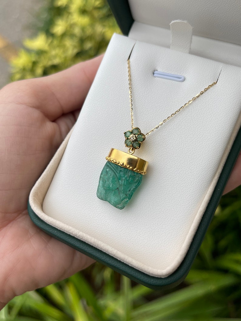 14K Gold Raw Hand Carved Emerald Crystal Pendant Necklace - 24tcw May Birthstone Jewelry for Women, Gift for Mom, Birthday, Anniversary & Special Occasions