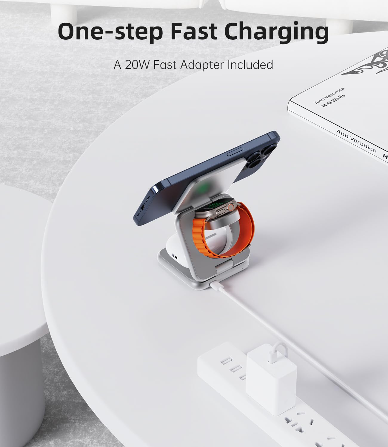 3-in-1 Foldable Magnetic Wireless Charging Station - 15W Fast Mag-Safe Charger for iPhone 14/13/12 Pro Max, AirPods 3/2/Pro & Apple Watch - Aluminum Alloy Stand with Adapter (Silver) | Perfect for Home, Office & Travel Charging