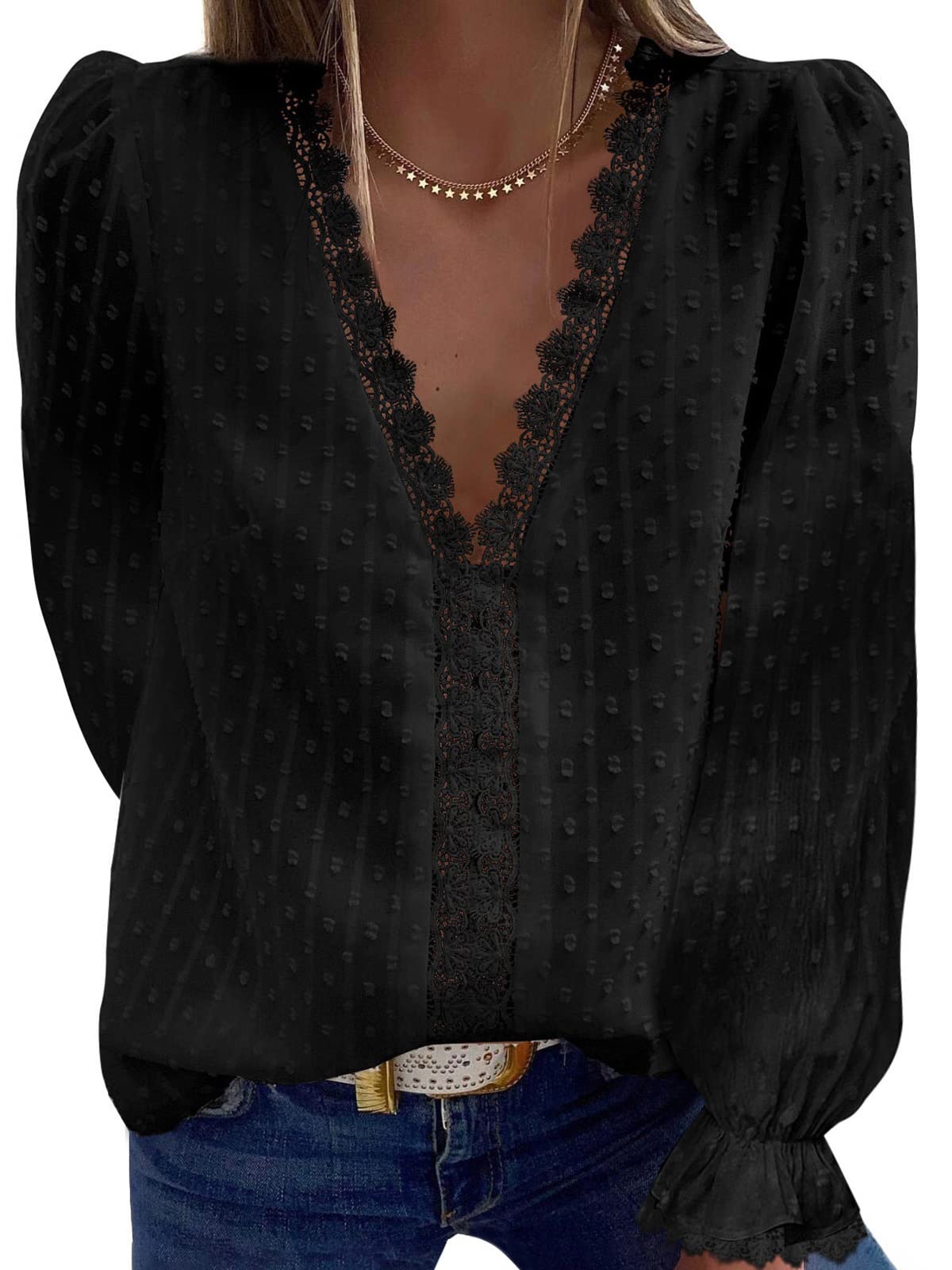 Stylish SansoiSan Women's Lace Patchwork Polka Dot Blouse - Long Sleeve V-Neck Flowy Tunic Top for Casual Wear & Office Outfits | Perfect for Date Nights, Parties and Spring Layering