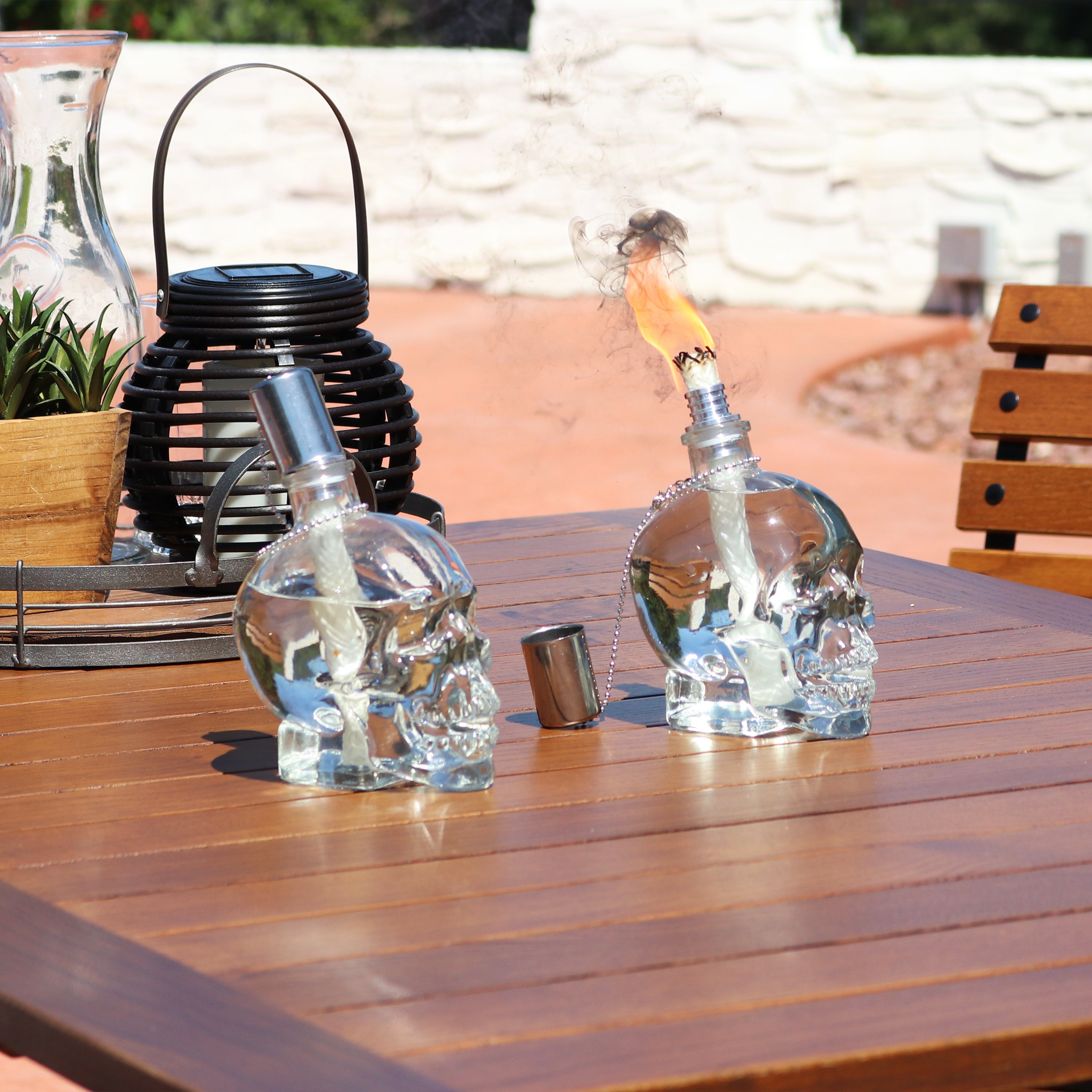 Sunnydaze Grinning Skull Glass Tabletop Torches - Outdoor Halloween Decorations, Patio Fire Pit Accessories, Spooky Party Centerpieces for Backyard, Garden & Poolside Gatherings