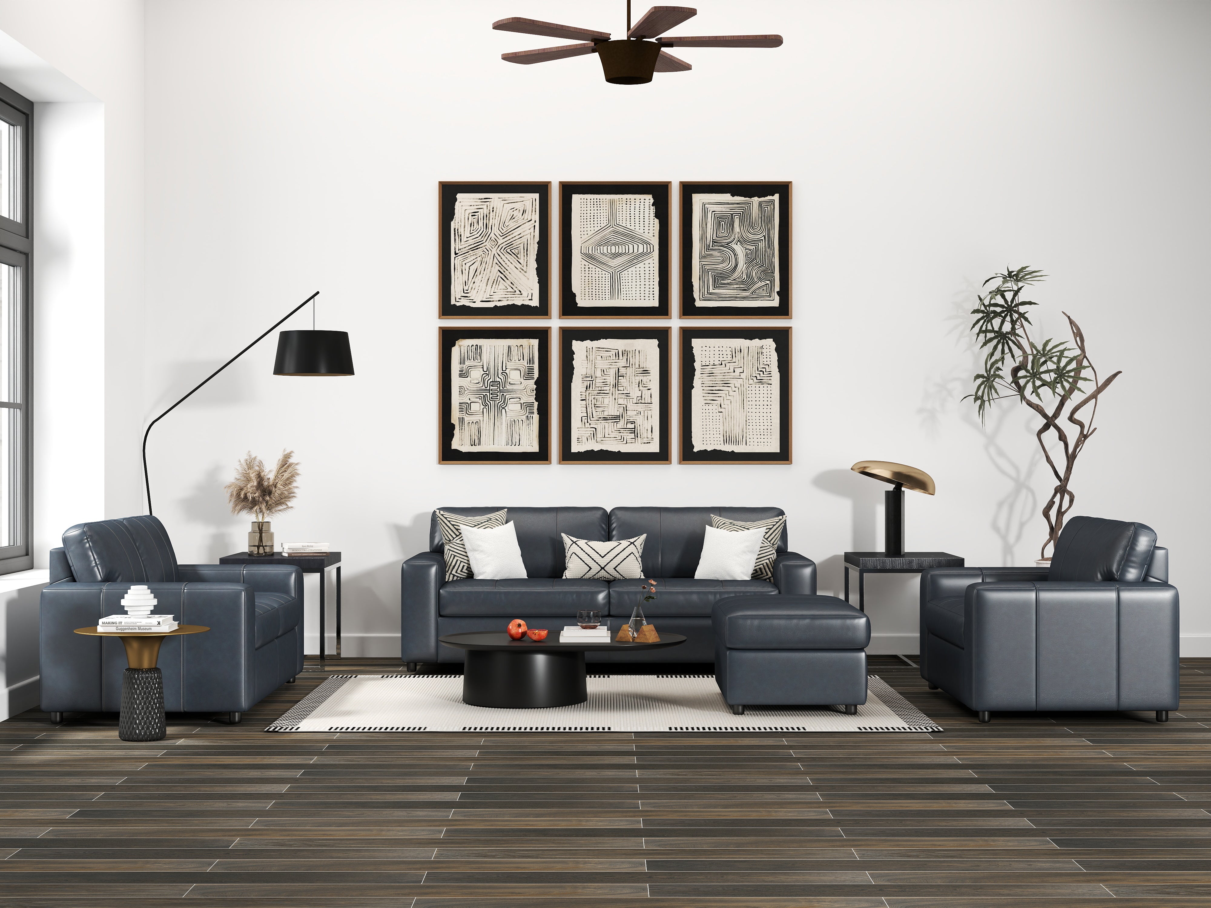Roundhill Furniture Sakan Genuine Leather Upholstered Living Room Set - Sofa, Loveseat & Chair - Modern Sectional Couch for Home Theater, Family Room & Lounge Areas