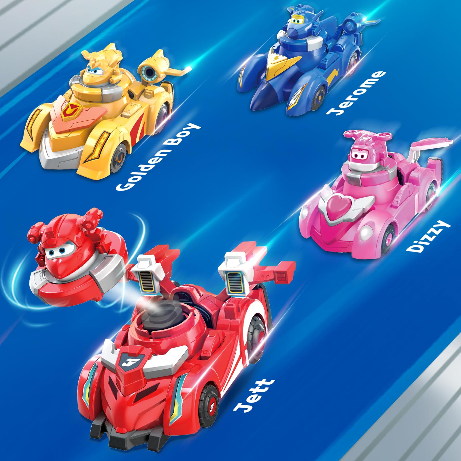 Super Wings Race Car Toys for Kids - 2-in-1 Spinning Tops & Vehicle Set with Golden Boy (5 Pack) - Fun Educational Toys for Boys Ages 3-8 - Perfect for Birthday Gifts, Playtime & Racing Games