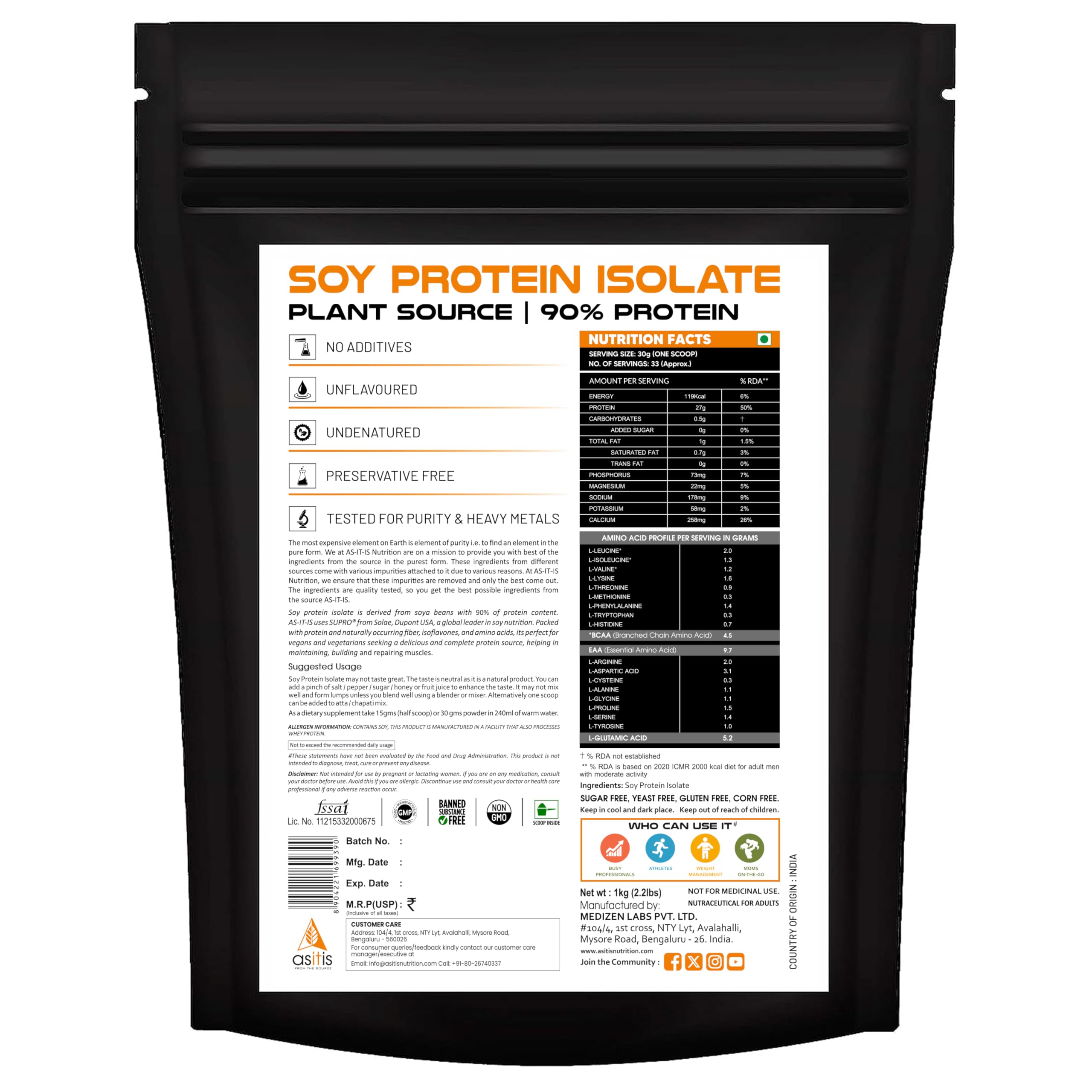 Asitis Nutrition 100% Soy Protein Isolate Powder - 27g Protein per Serving, All 9 Essential Amino Acids, Vegan Plant-Based Protein Supplement, Unflavored, Zero Cholesterol & Additives - 1000g (33 Servings) for Muscle Recovery, Weight Management & Healthy Lifestyle