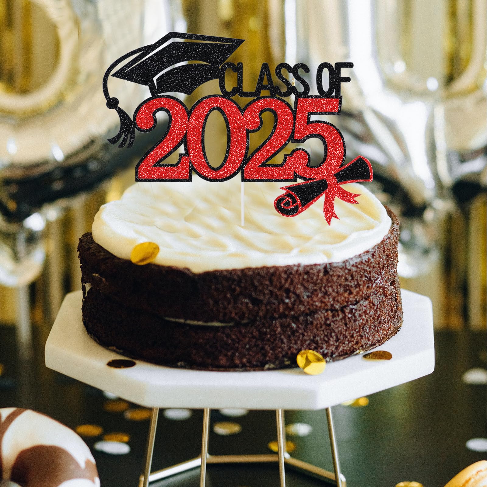 2025 Graduation Cake Topper - Red and Black Class of 2025 Cake Decorations for Graduation Party, Birthday, Anniversary & Special Celebrations
