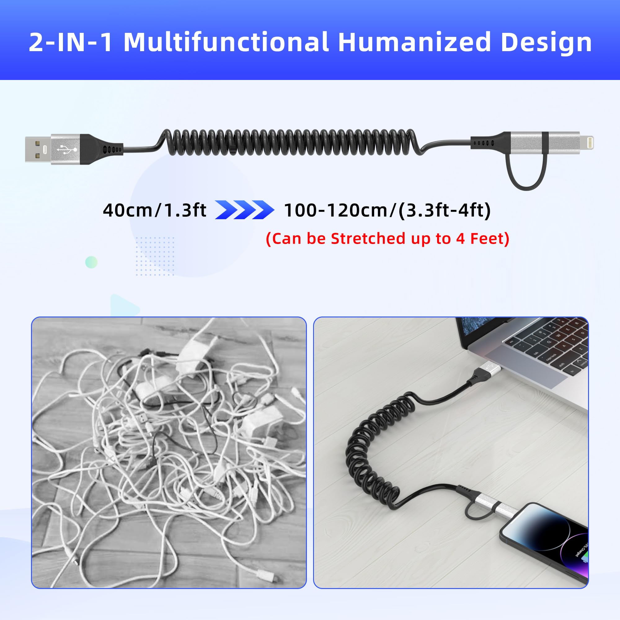 2-in-1 USB to USB-C & Lightning Coiled Cable - MFi Certified Fast Charging & Data Sync (3A) for iPhone 15/14/13/12 & Android - CarPlay & Android Auto Compatible - Perfect for Car Charging & Home/Office Use - Silver