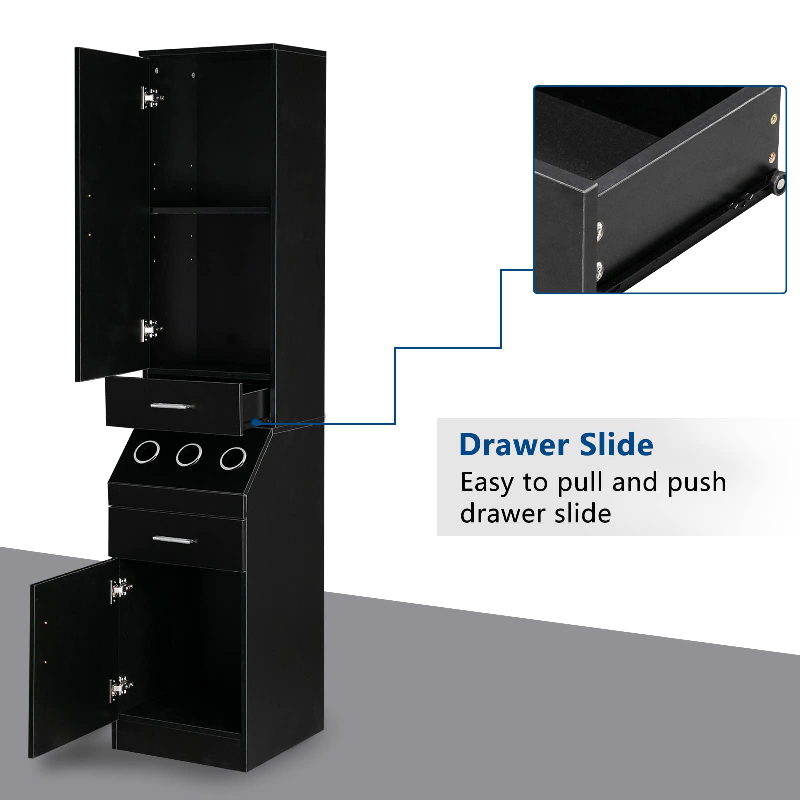 OmySalon Professional Barber Station with 2-Tier Storage Shelf, 2 Drawers, Large Cabinet & 3 Hot Tool Holders - Perfect for Salon, Barbershop & Home Hair Styling Organization - Black
