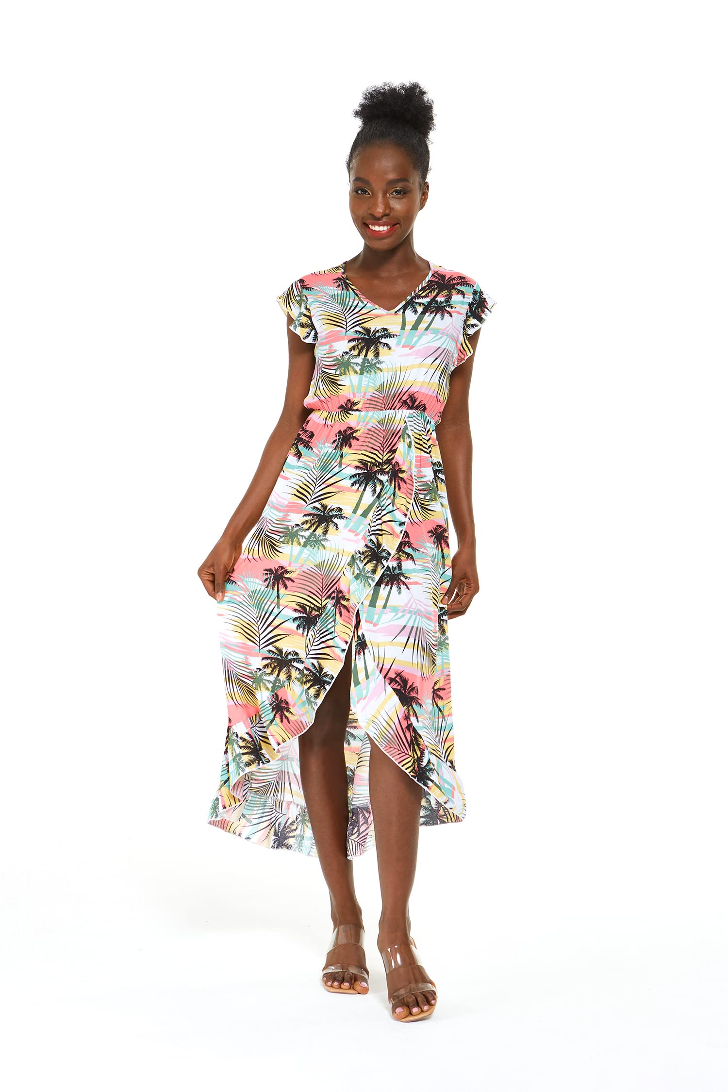 Hawaiian Luau Wrap Ruffle Dress for Women - Floral Hibiscus Vine Print - Perfect for Beach Parties, Summer Vacations & Tropical Getaways