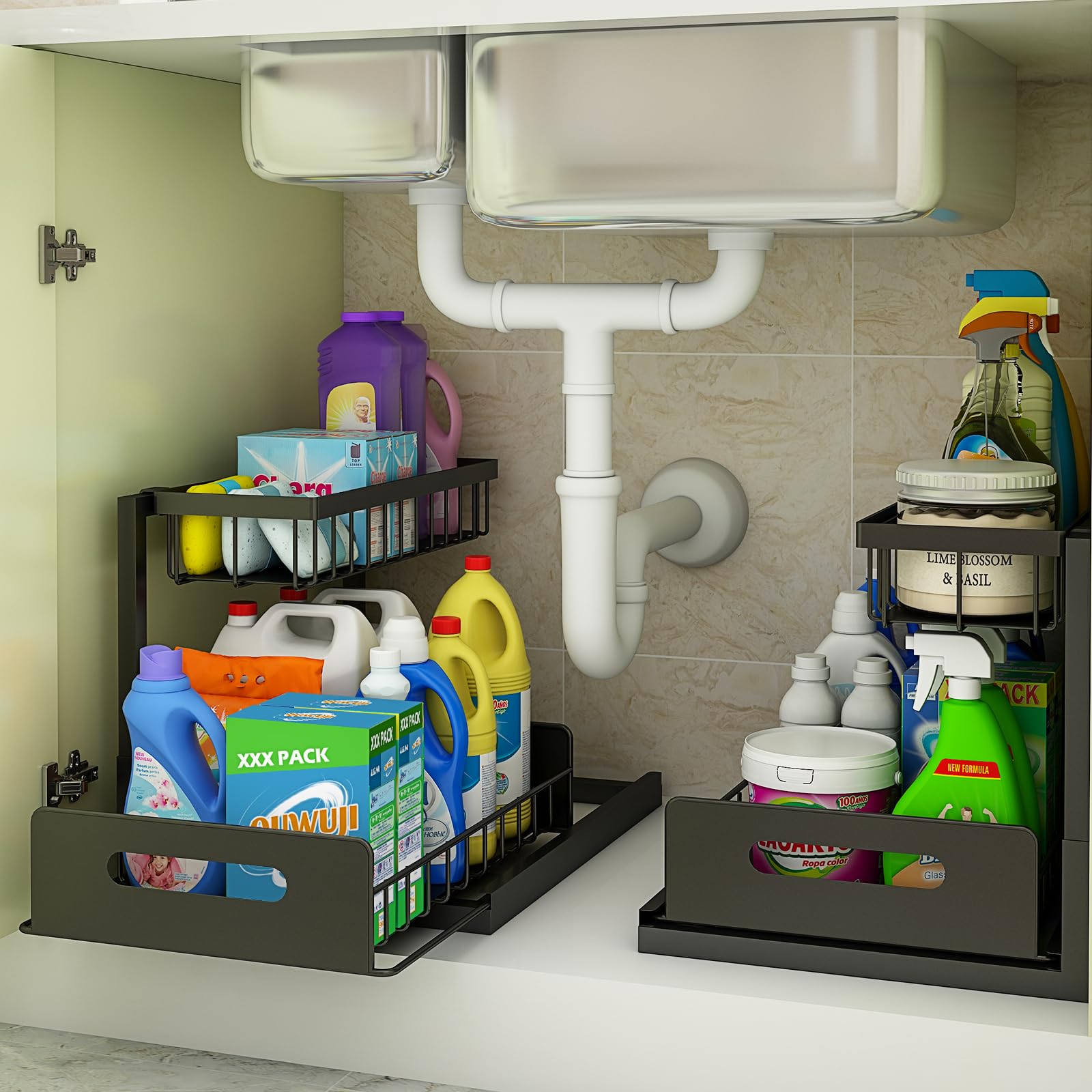 Webetop 2-Pack Under Sink Organizer with Slide-Out Shelves - 2 Tier Pull Out Cabinet Storage for Kitchen, Bathroom & Pantry - Space Saving Solution for Cleaning Supplies, Spices & Toiletries