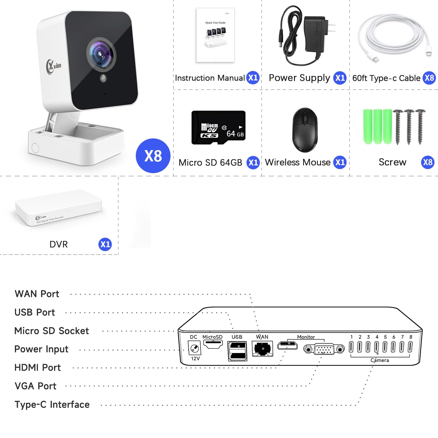 XVIM 8CH Wired Security Camera System with 64GB SD Card - 8PCS Outdoor Surveillance Cameras with Night Vision, Remote Access & Waterproof - Ideal for Home Security, Business Monitoring & Property Protection