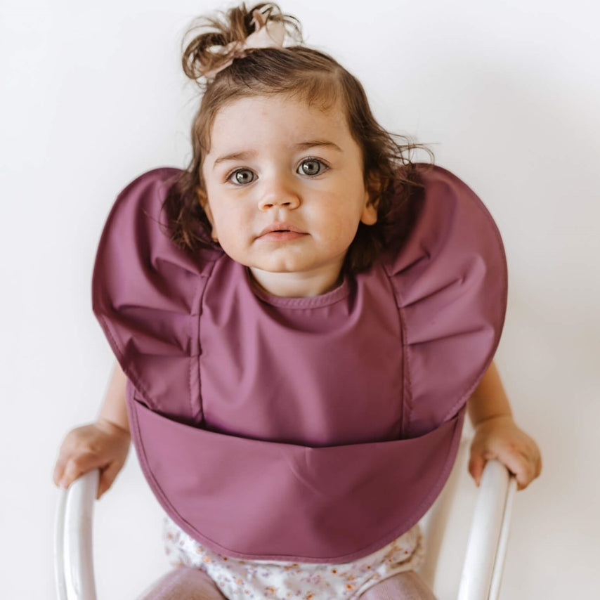 Waterproof Frill Snuggle Bib for Babies - Soft Mauve Drool Bib with Adjustable Neckband - Perfect for Feeding, Teething & Messy Playtime