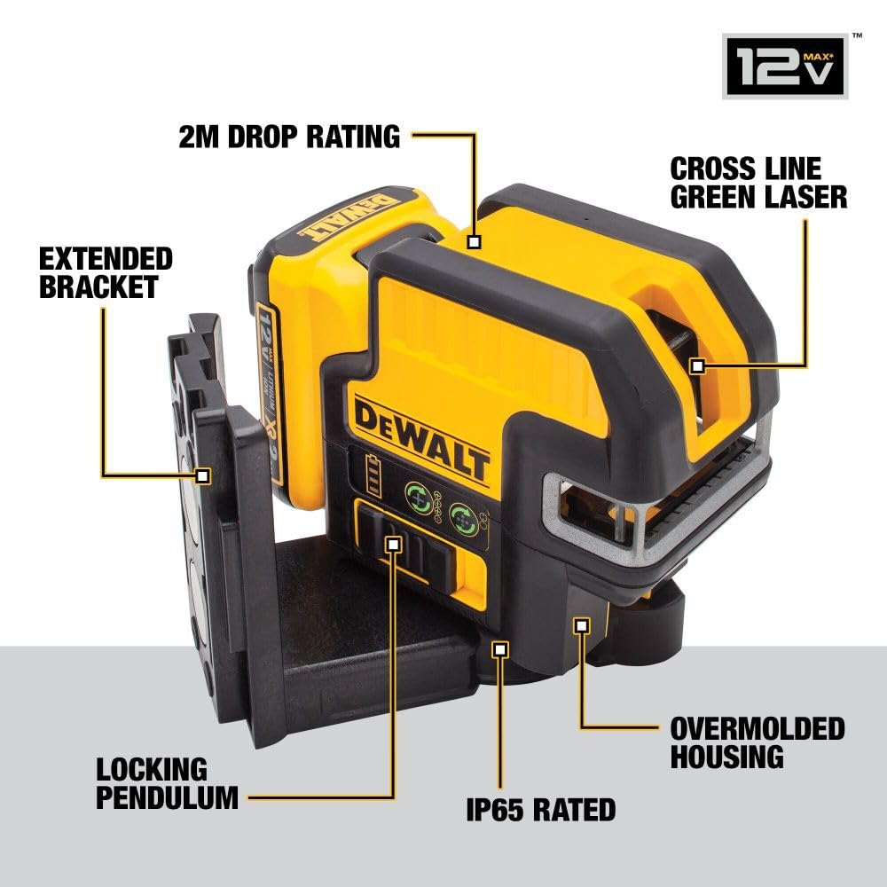 DEWALT DW0822LG 12V MAX Green Cross Line Laser Level with 2 Spot - Self-Leveling for Construction, Carpentry, and DIY Projects