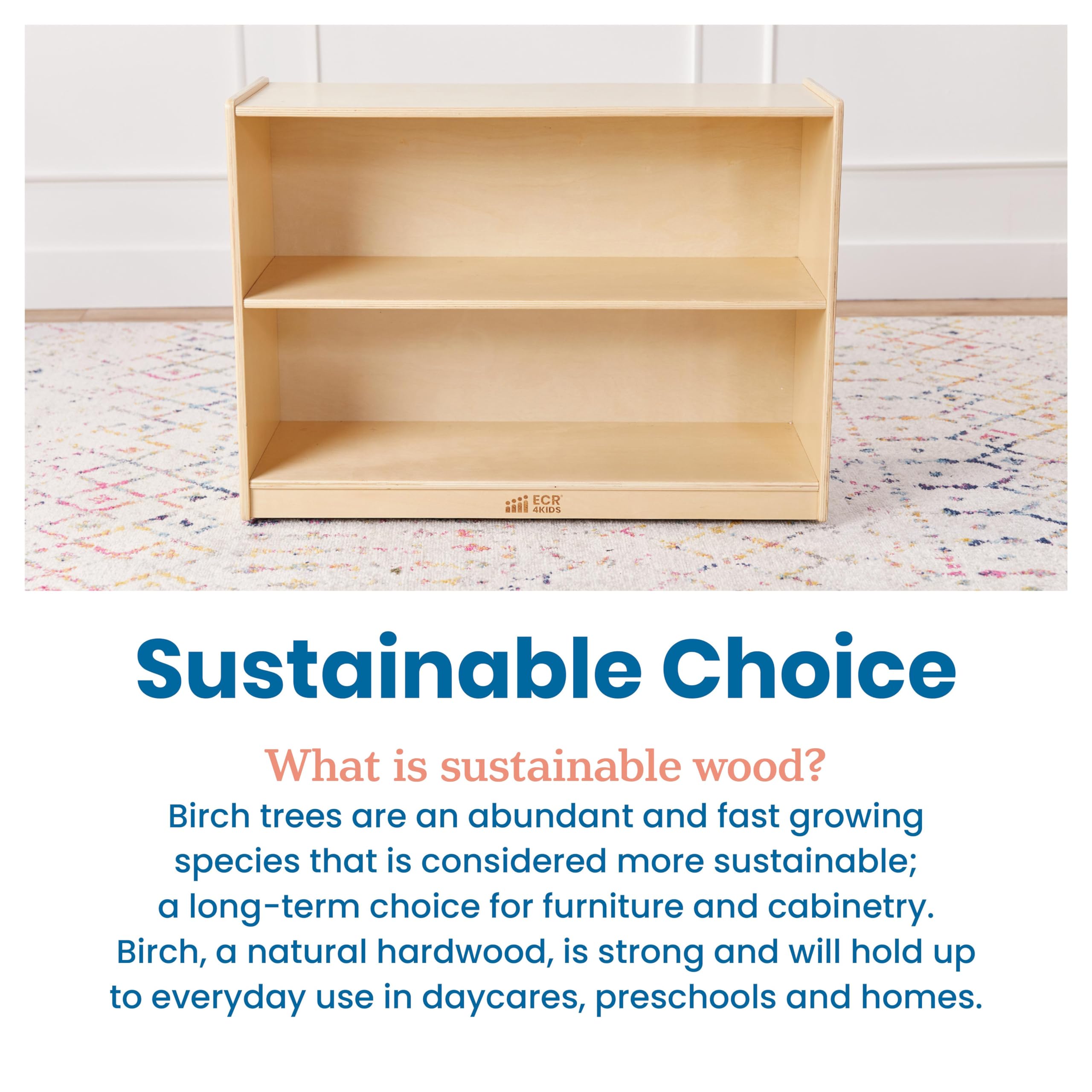 ECR4Kids 2-Shelf Rolling Storage Cabinet - Natural Wood Mobile Organizer for Classroom, Office, or Home - Perfect for Books, Toys, and School Supplies Storage