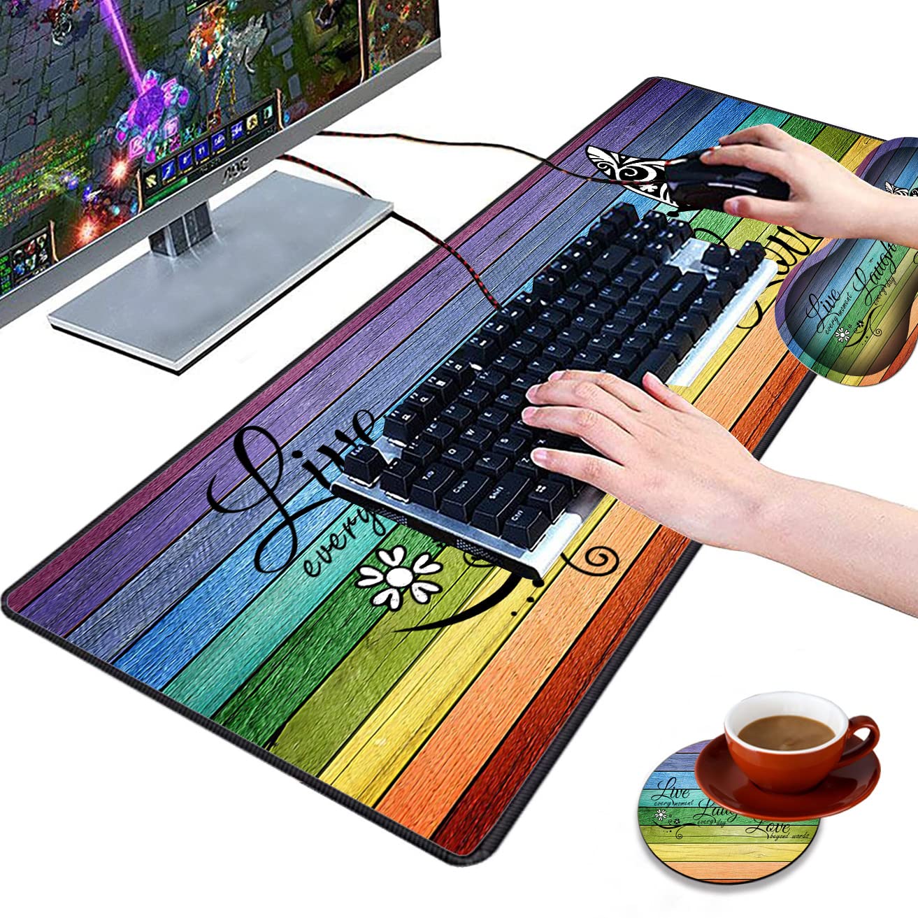 3-Piece Mouse Pad Set with Stitched Edges - Large Anti-Slip Desk Mat, Keyboard Pad & Memory Foam Wrist Rest - Includes Coffee Coaster - Perfect for Office, Home & Gaming (Glitter 