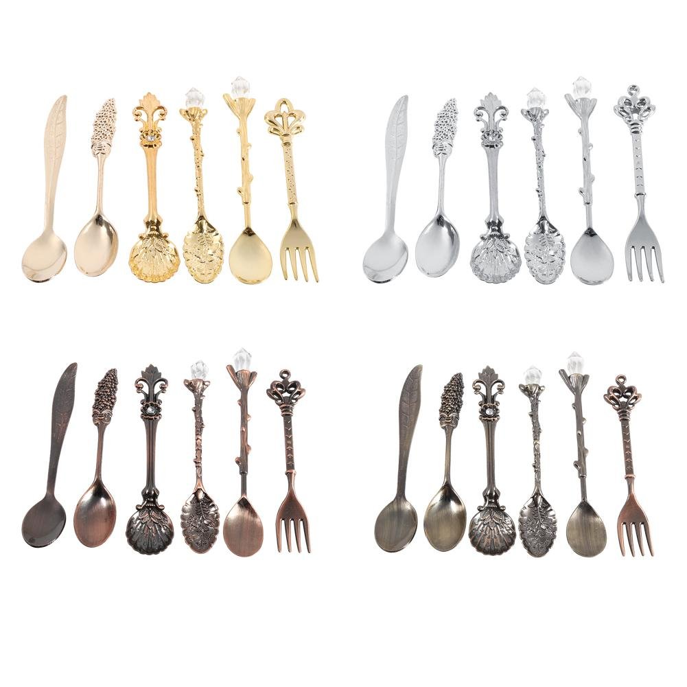 Vintage Royal Style Carved Flatware Set - 6Pcs Gold Spoons & Forks for Dessert, Coffee, Cake, Fruit & Sweet Snacks - Elegant Retro Dining & Tea Party Cutlery