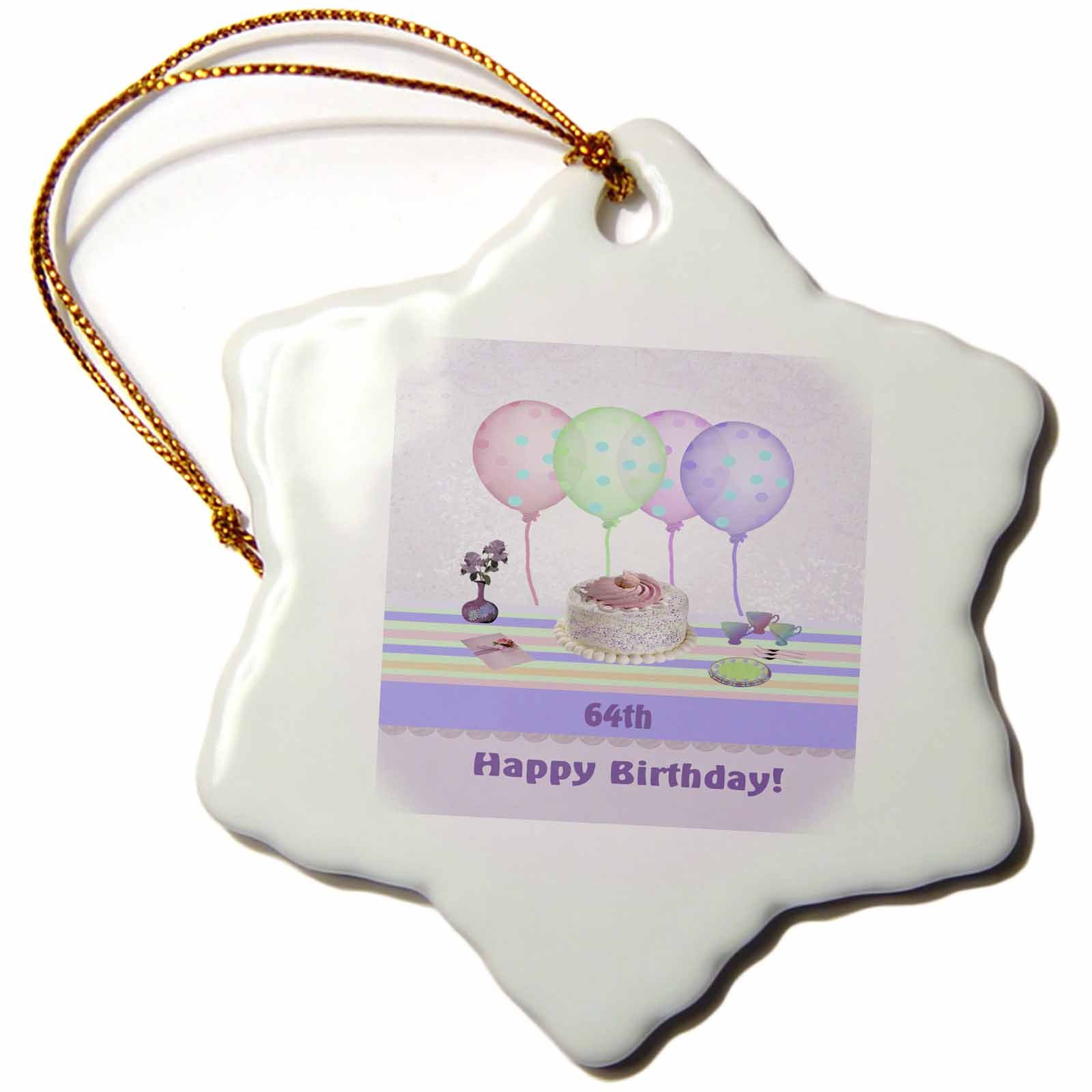 3D Rose 64th Birthday Cake Topper - White Icing with Balloons & Flower Vase, Pastel Snowflake Ornament, 3