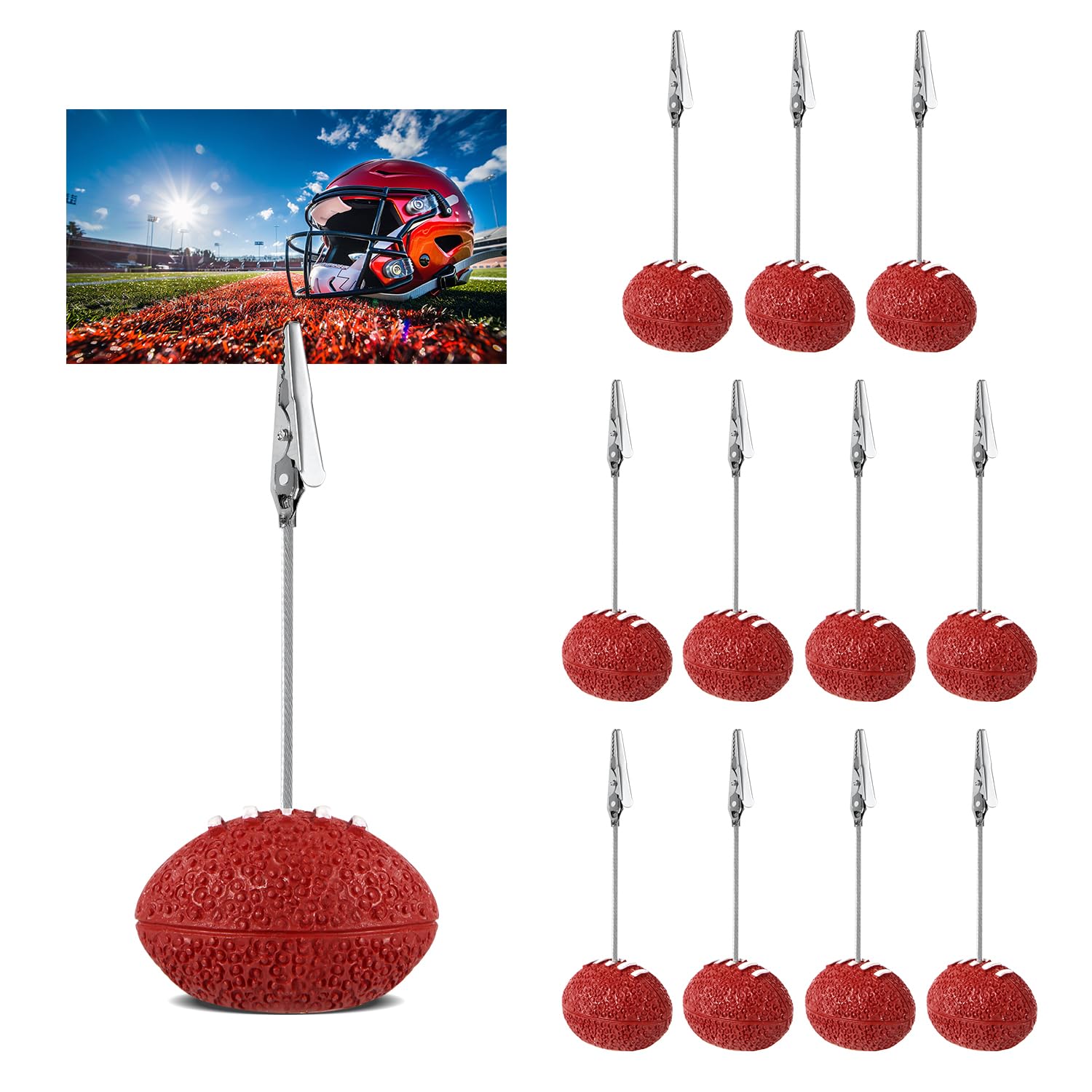 12-Piece Resin Ball Base Memo Clips - Alligator Clip Table Card Holders for Wedding, Party, Office Decor - Photo & Place Card Stands - Football Theme - Perfect for Sports Events, Table Number Displays & Home Organization