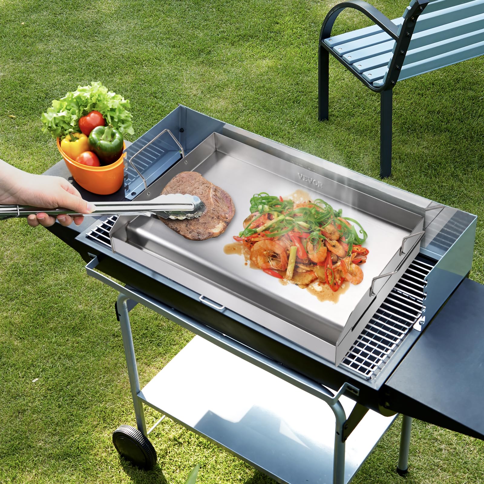 VEVOR 23x16 Inch Stainless Steel Griddle Plate with 2 Handles & Oil Groove - Flat Top Grill for BBQ, Gas & Charcoal Grills - Perfect for Home Kitchen, Outdoor Cooking, Camping & Backyard Parties