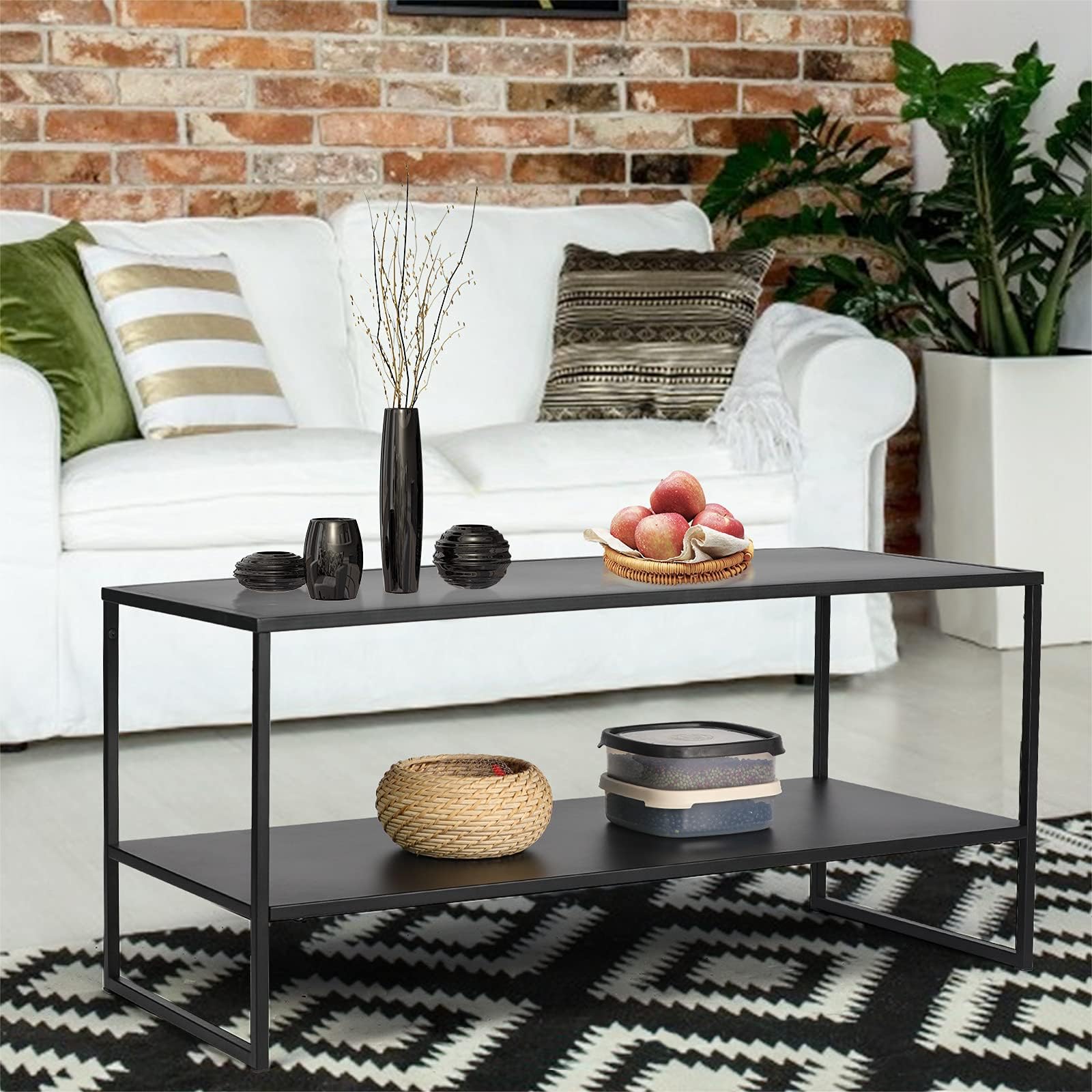 40 Inch Modern Rectangular Coffee Table with 2-Tier Shelf - Black Living Room Accent Table with Sturdy Metal Legs | Perfect for Small Spaces, Apartments & Lounge Areas