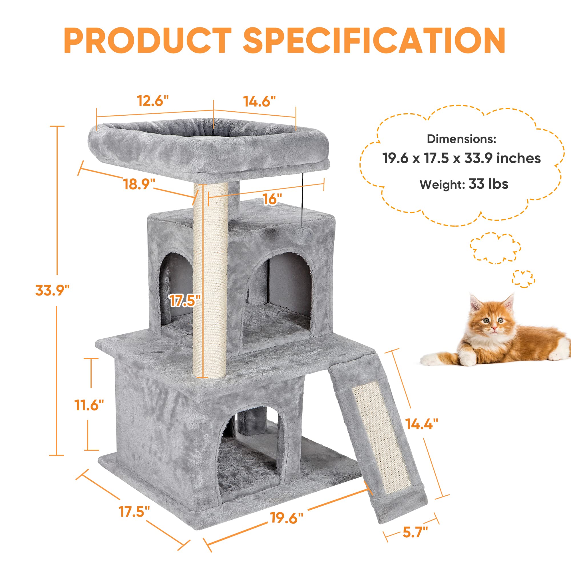 Nova Microdermabrasion Cat Tree for Indoor Cats - 34 Inch Cat Tower with Scratching Post & Ultra Soft Plush Covering - Durable Cat Condo Furniture for Kittens & Adult Cats - Perfect for Play, Rest & Climbing in Home or Office