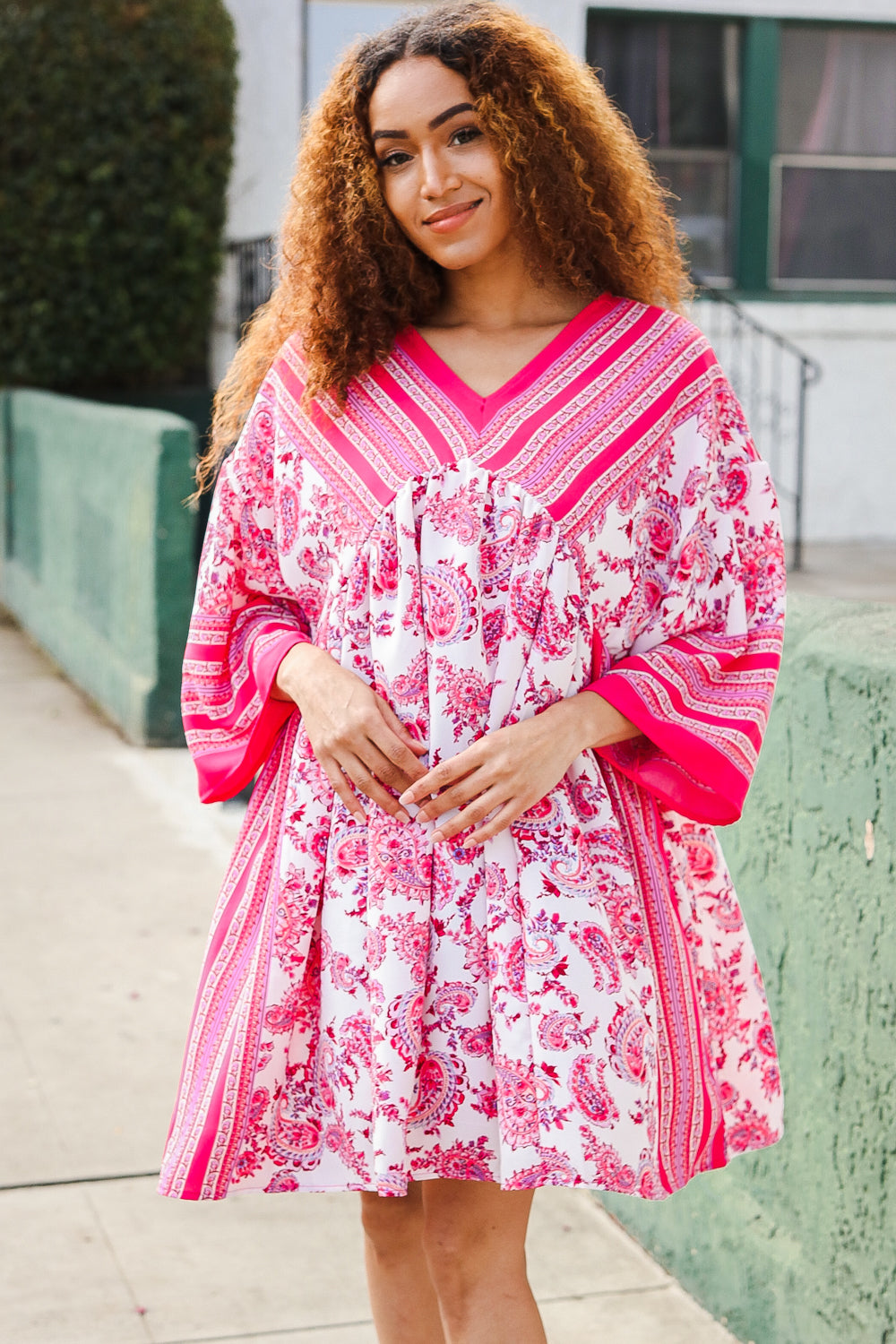 Stylish Red & Pink Paisley Drop Shoulder Kimono Dress for Women | Boho Chic Cover Up | Perfect for Beach, Festival & Summer Outfits