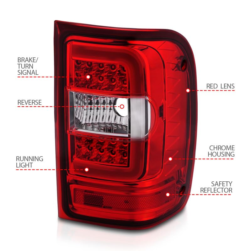 2001-2011 Ford Ranger LED Tail Lights with Light Bar - Chrome Housing Red/Clear Lens by ANZO (311393) | Enhanced Visibility & Style for Night Driving & Custom Truck Builds