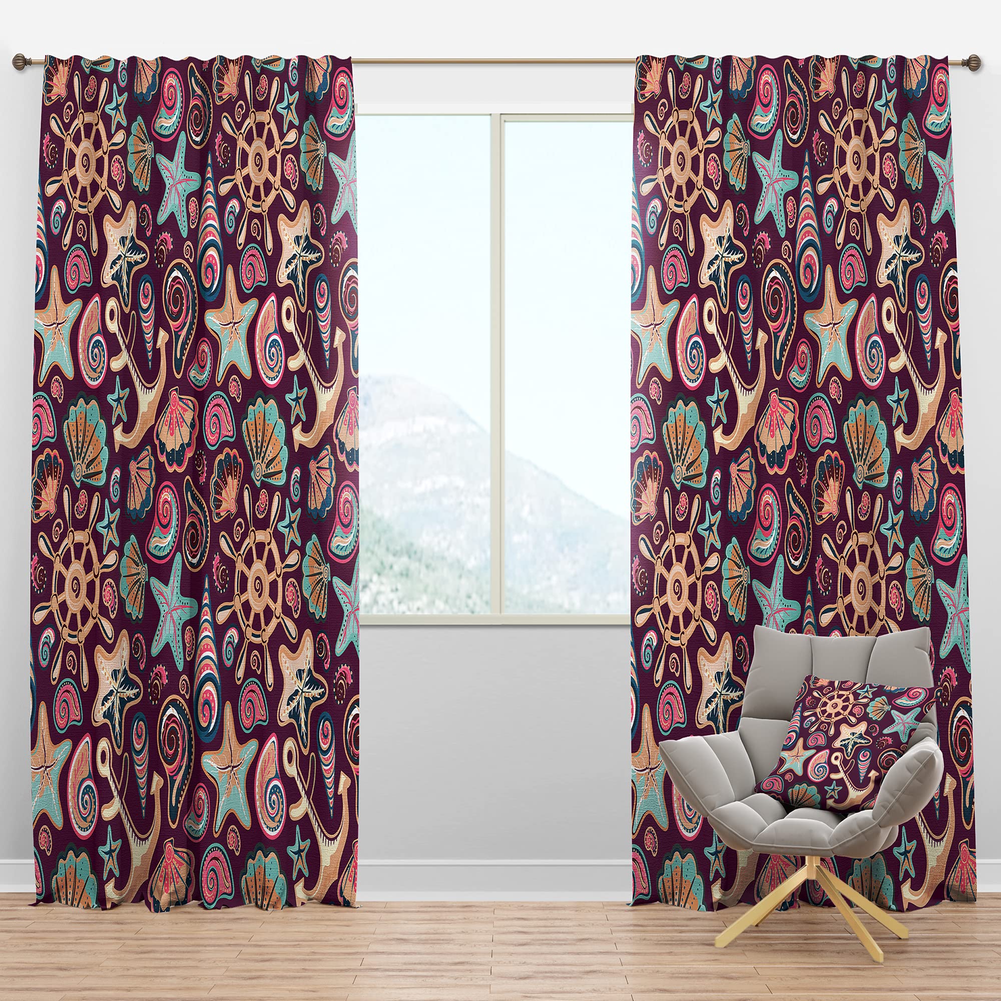 DesignQ Blackout Curtains 'Purple Sea Shells' - Thermal Insulated Room Darkening Drapes for Bedroom & Living Room (52x95 Inches, Single Panel) - Perfect for Light Blocking, Privacy & Temperature Control