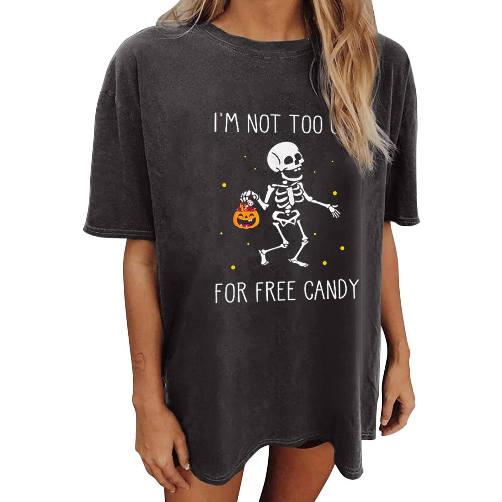Halloween Women's Short Sleeve Skeleton Print T-Shirt - Funny Casual Loose Fit Crew Neck Tech Tee for Costume Parties & Spooky Outfits