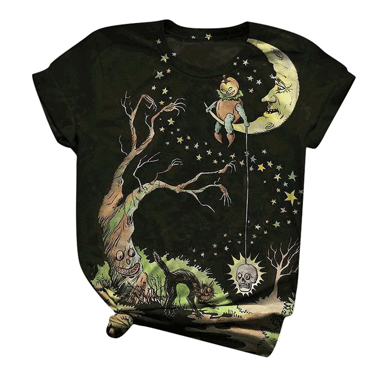 Amober Women's Halloween Pumpkin Graphic Print Short Sleeve T-Shirt - Fall Casual Top for Halloween Parties, Costume Events & Autumn Outfits