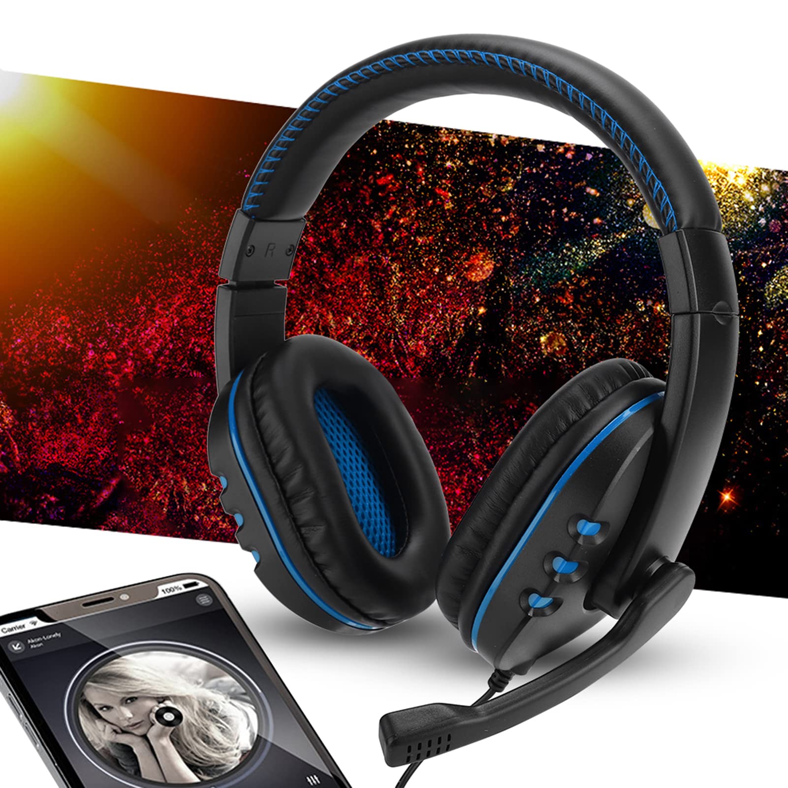 Joyzan Noise Canceling Headphones with Microphone - Stereo Surround Sound Gaming Headset with Soft PU Earmuffs for PC, Laptop, Music & Gaming | Perfect for Office Work, Online Classes & Streaming (Black & Blue)