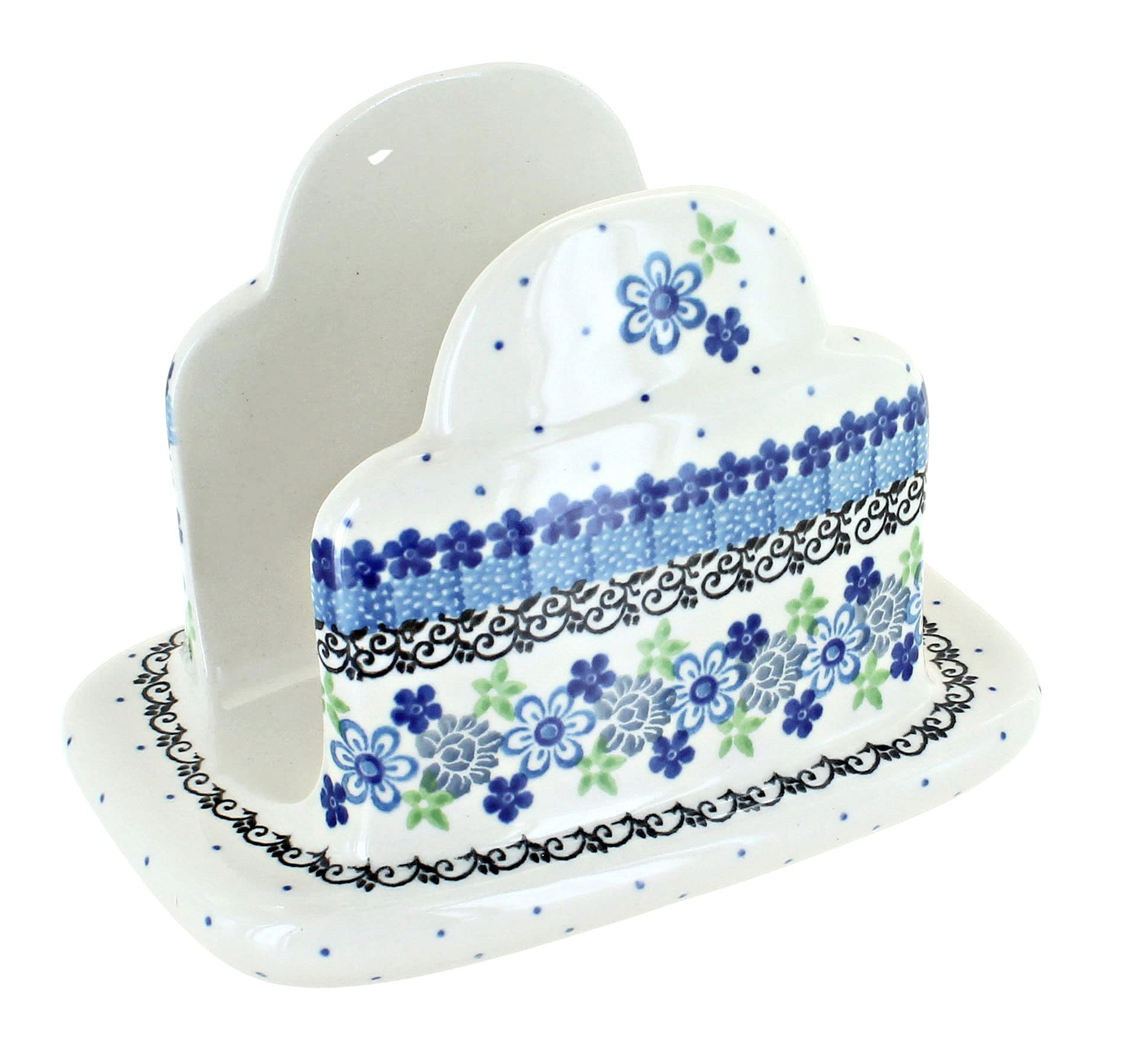 Handmade Blue Rose Polish Pottery Eliza Napkin Holder - Elegant Tableware for Dining & Kitchen Decor - Perfect for Restaurants, Weddings & Home Entertaining