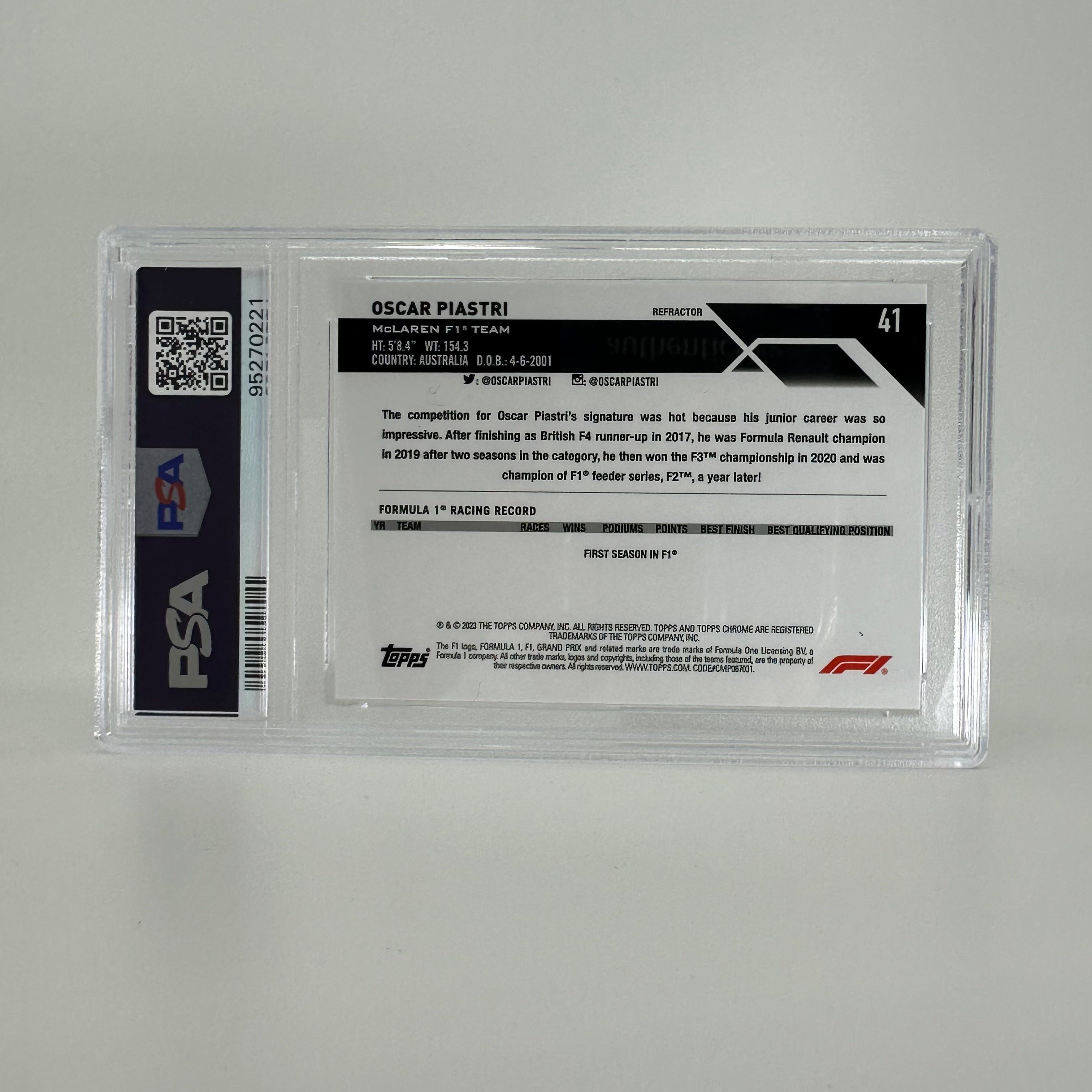 2023 Topps Chrome Oscar Piastri #41 PSA 8 Refractor Rookie Card - Perfect for Collectors, Sports Memorabilia Display, and Investment