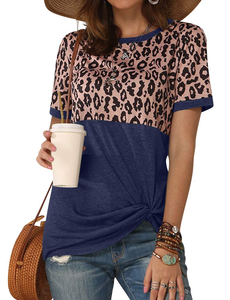 SLEITY Women's Leopard Print Patchwork Twisted Hem Colorblock Crew Neck T-Shirt - Casual Fashion Top for Everyday Wear, Street Style & Outfits