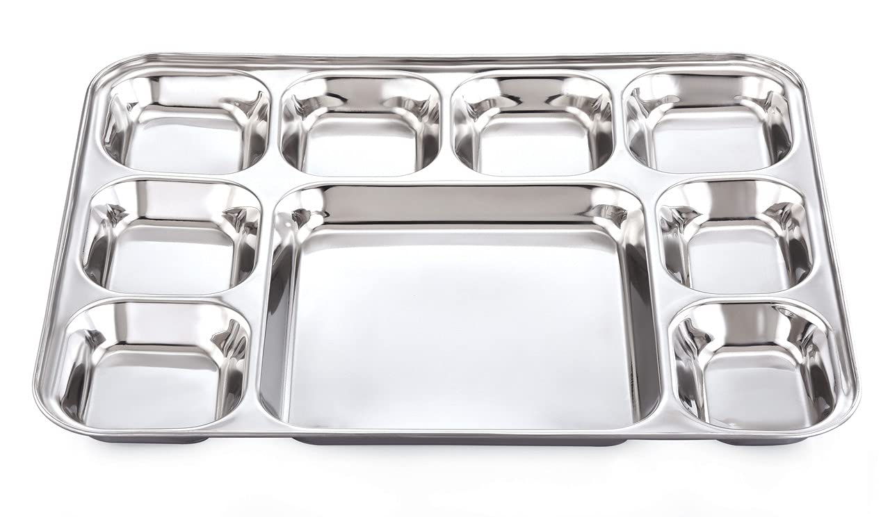 EXPRESSO Heavy Duty Stainless Steel 9-Section Divided Rectangle Dinner Plates - 3-Piece Set for Kids Lunch, Camping, Picnics, Parties & Everyday Use | Durable Mess Trays for School, Travel & Home Kitchenware