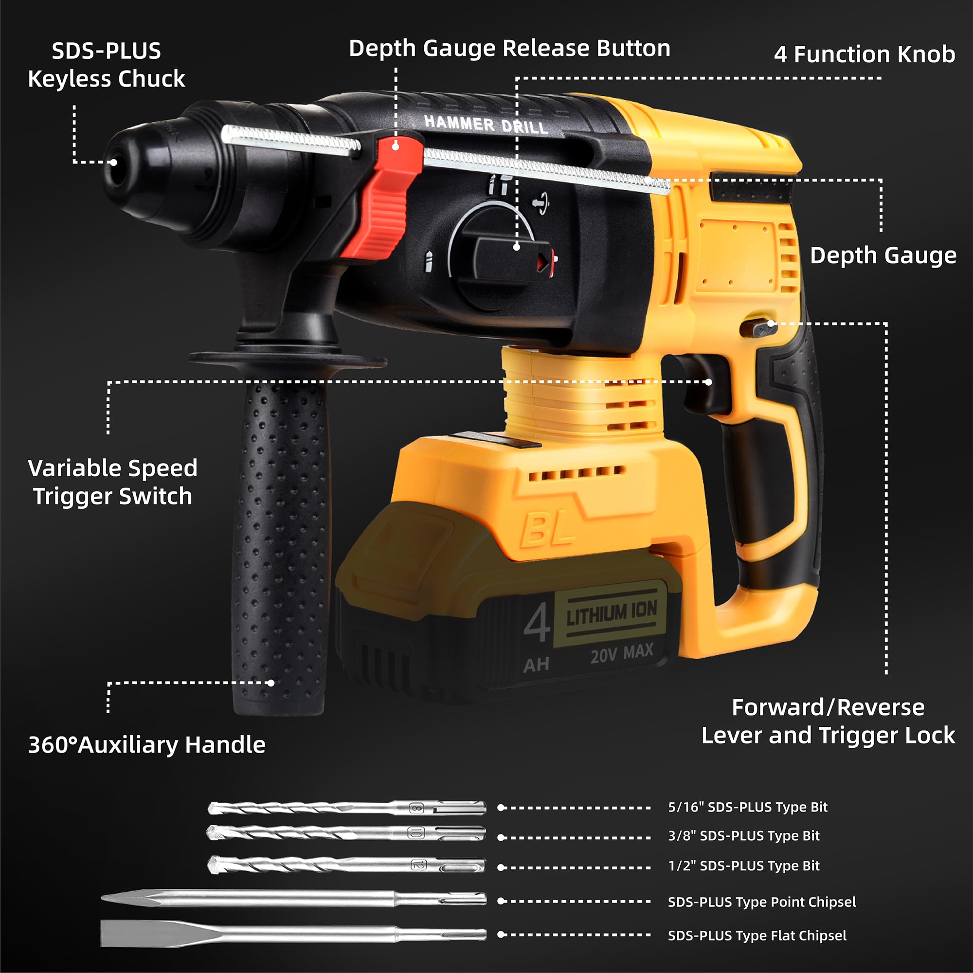 **20V MAX SDS Rotary Hammer Drill - Compatible with Dewalt Batteries (Battery Not Included) - Heavy Duty Safety Clutch, 4 Functions & 5 Drill Bits for Concrete, Masonry, Wood, Metal - Ideal for Construction, Renovation & DIY Projects**