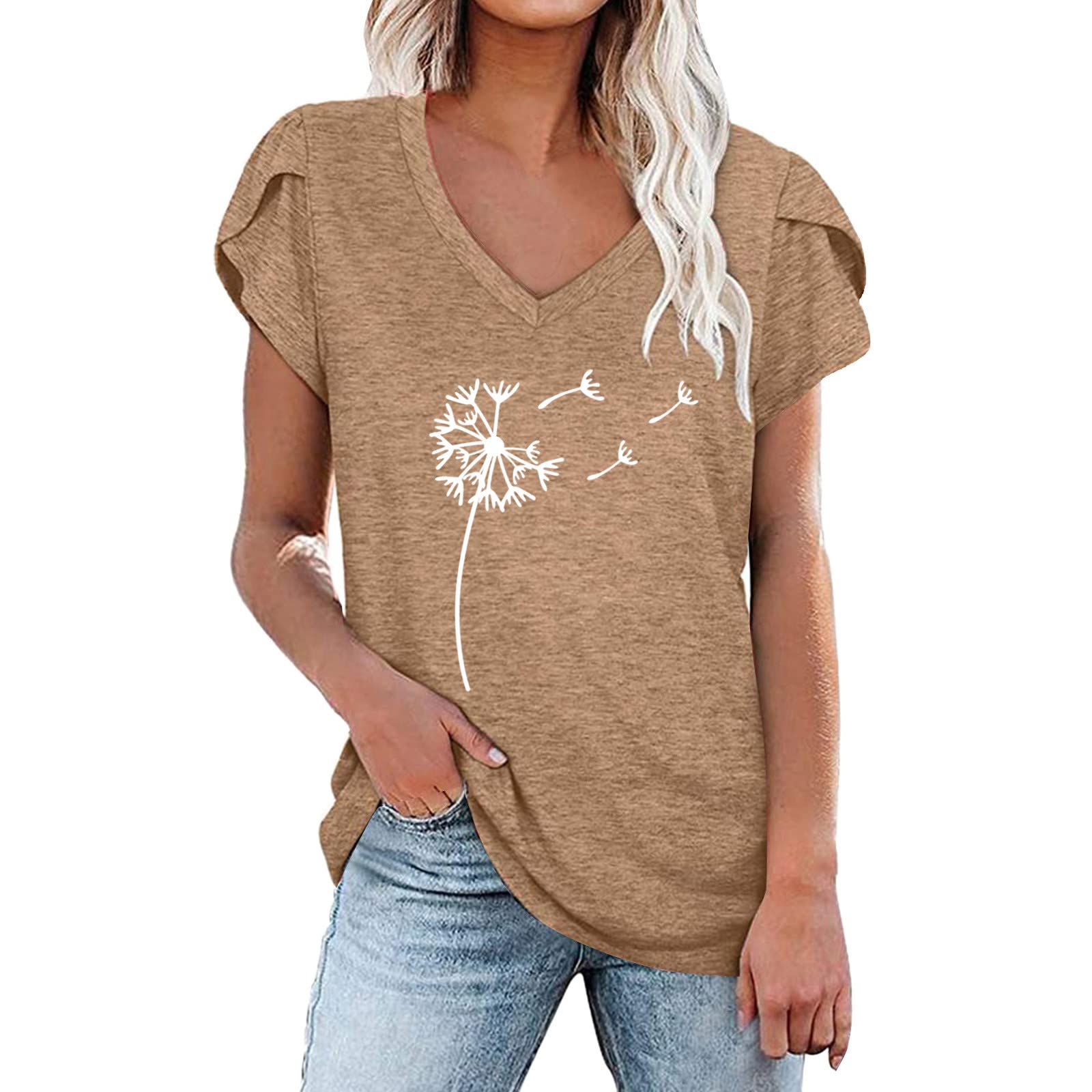 Women's V-Neck Short Sleeve Graphic T-Shirt - Petal Print Relaxed Slim Fit Summer Top | Funny Dandelion Printed Tee for Casual Wear, Outings & Beach Days