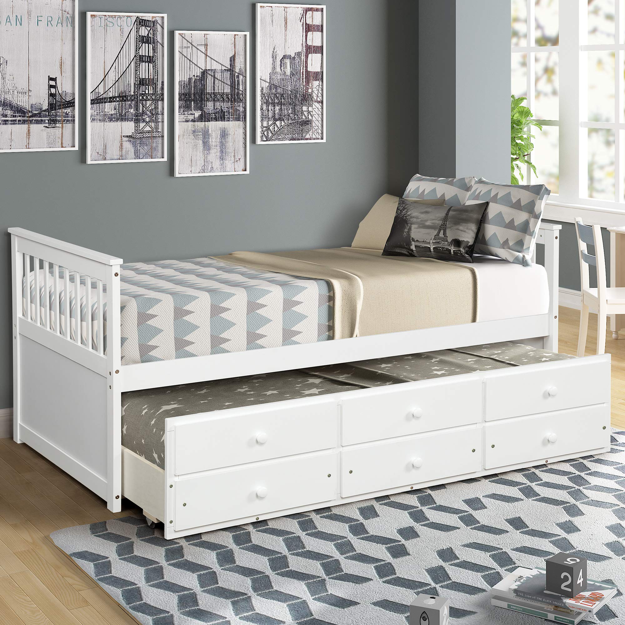 Danxee Twin Captain's Bed with Trundle & Storage - Kids Platform Bed for Small Spaces (Ivory White)