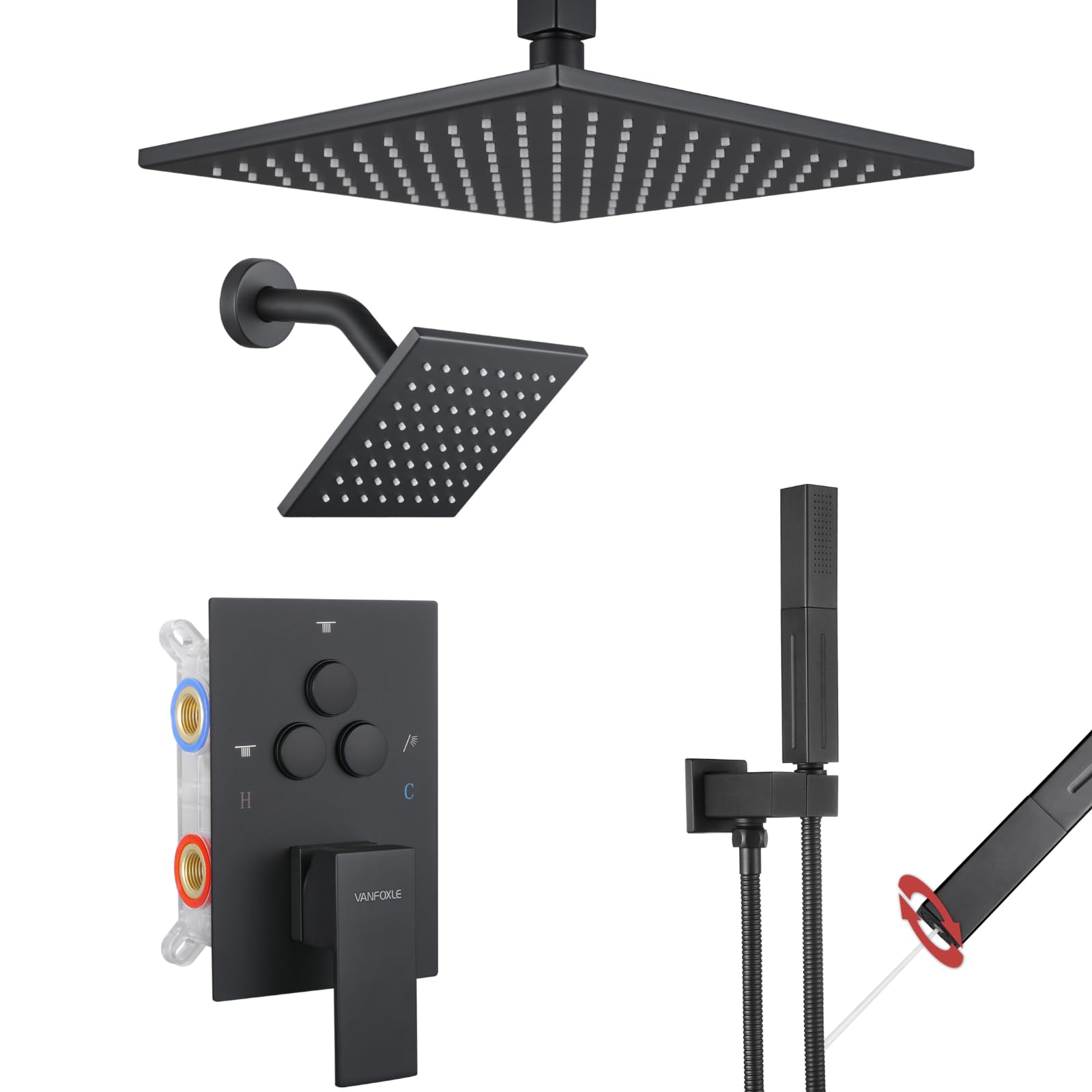 VANFOXLE Matte Black Shower Faucet Set with Push Button Diverter - 2 in 1 Handheld Shower Head & 10 Inch Ceiling Mount + 6 Inch Wall Mount Shower System for Modern Bathroom Renovation - Perfect for Master Bath, Guest Bath & Spa-Like Shower Experience