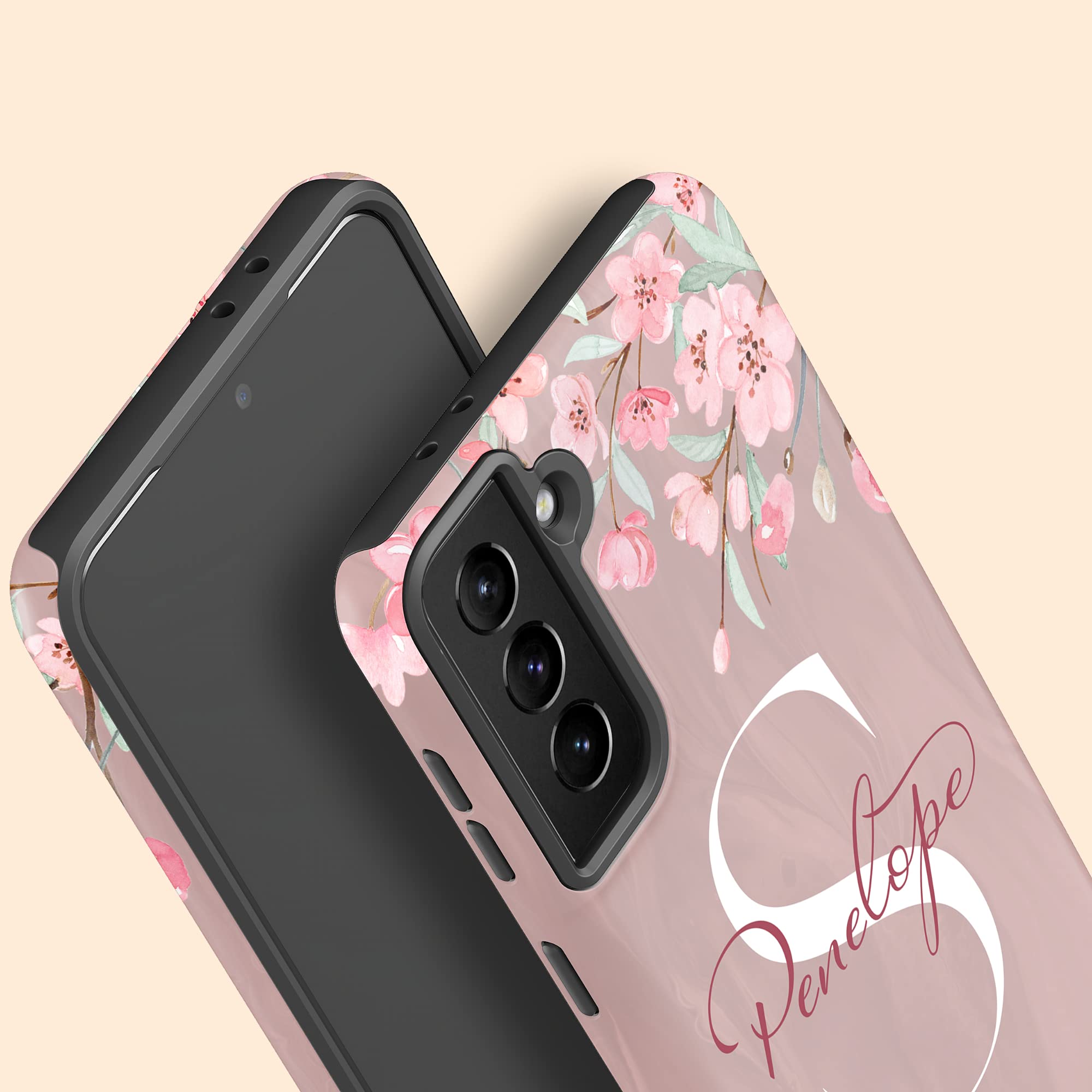 Custom Cherry Blossom Monogram Phone Case - Personalized Name Initial Cover for Samsung Galaxy S25 Plus/S24 Ultra/S23/S22/S21/S20/S10/S9/S8/Note 20/10 - Perfect Gift for Women, Girls & Teens (Floral Design, Slim Fit Protection) - Ideal for Everyday Use, Travel & Special Occasions