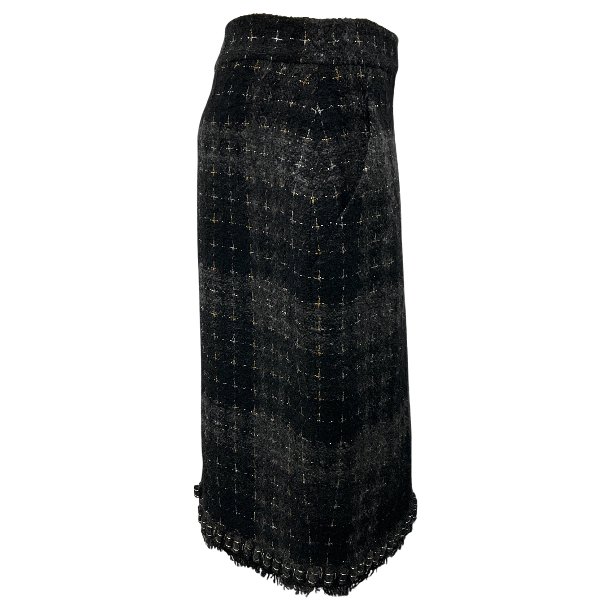Chanel Black Charcoal Grey Silver Gold Metallic 2008 Wool Tweed Skirt - Vintage Luxury Women's Fashion for Parties & Special Occasions