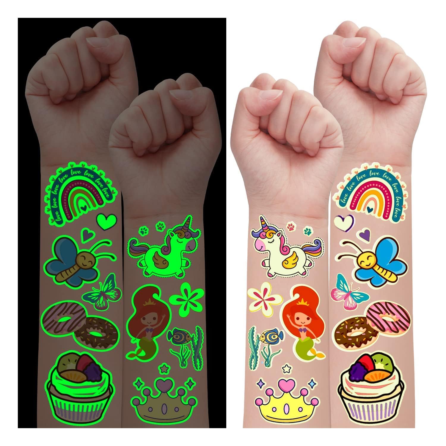 Glow in the Dark Temporary Tattoos for Girls - 20 Sheets Kids Body Art Stickers with Mermaid, Butterfly, Princess & Flower Designs | Perfect for Birthday Parties, Sleepovers, Pool Parties & DIY Crafts