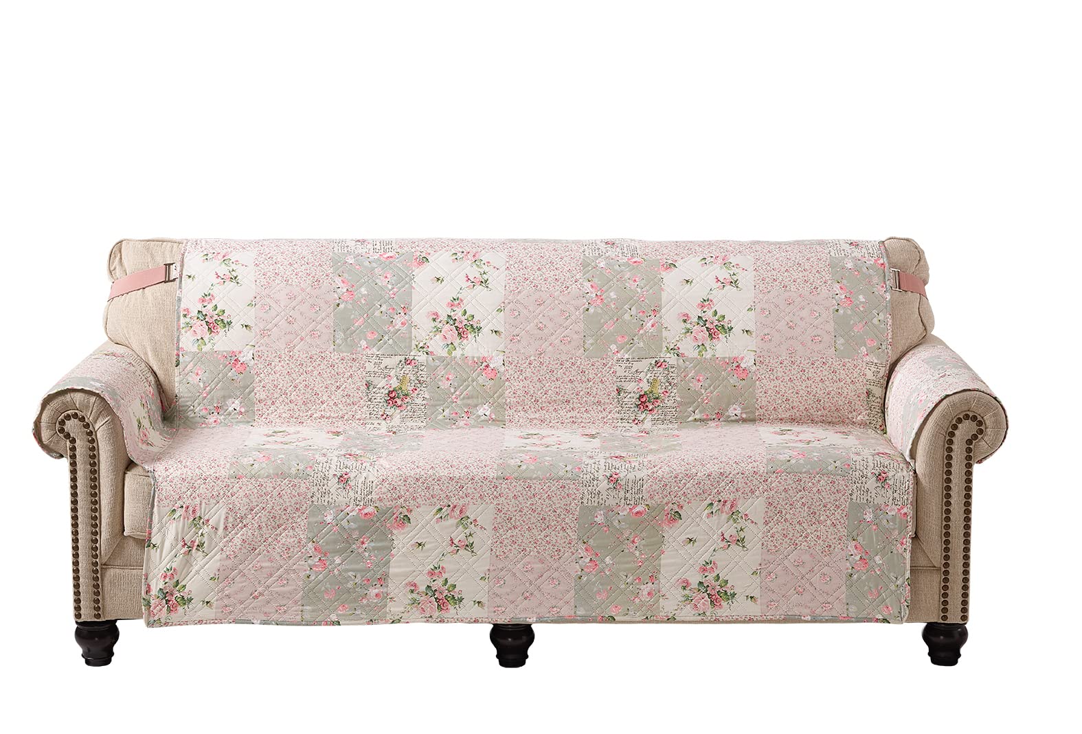 Traditional Rose and Sage Patchwork Couch Cover - Quilted Loveseat Slipcover 54