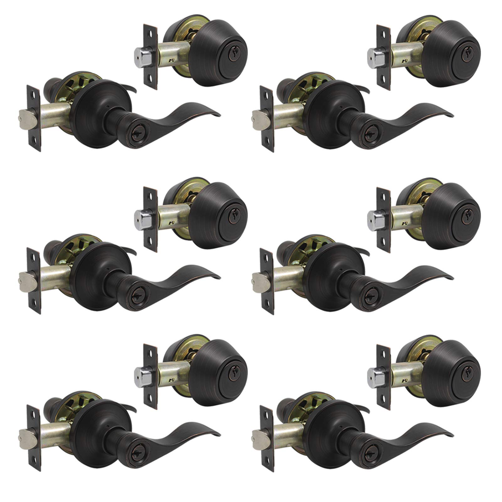 Gobrico 6-Pack Wave Style Entry Door Lever and Double Cylinder Deadbolt Combo Lockset - Oil Rubbed Bronze Front Exterior Door Lock Set with Matching Keys | Perfect for Home, Office & Apartment Security