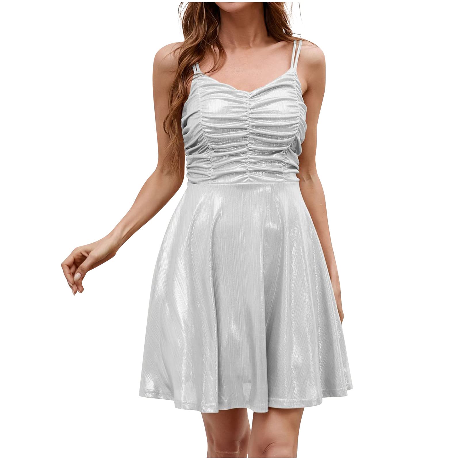 YZHM Women's Summer Sexy Sling Dress - Sleeveless V-Neck Smocked Mini Dress with Spaghetti Straps for Evening Party, Nightclub, Date Night & Beach Vacation