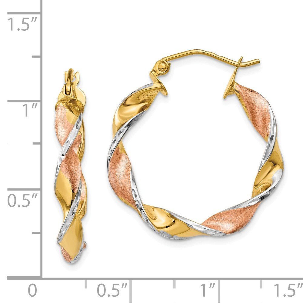 14K White, Yellow & Rose Gold Twisted Hoop Earrings for Women - Elegant Tri-Color Jewelry for Everyday Wear, Parties & Special Occasions