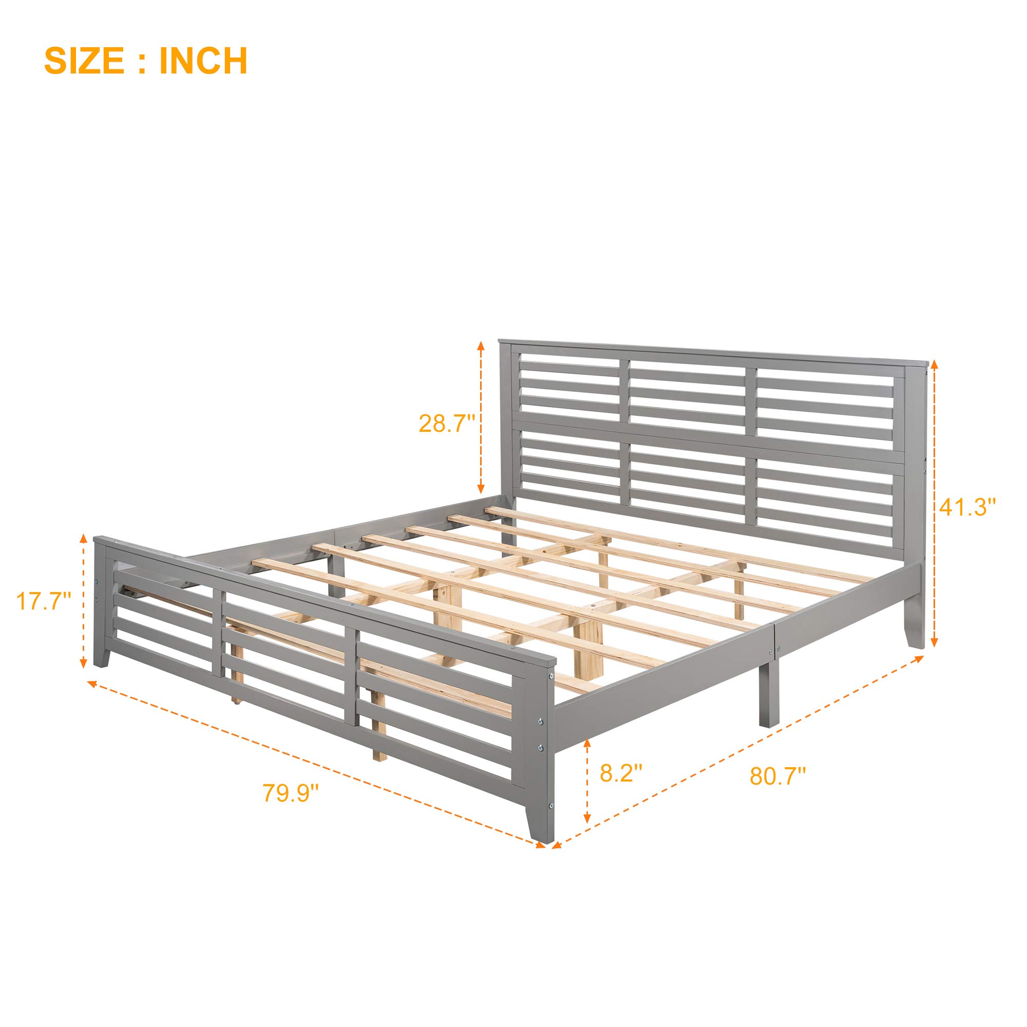 Modern Grey Wooden Platform Bed Frame - King Size with Wood Slat Support for Kids, Teens & Adults | Sturdy Bedroom Furniture for Master Bedroom, Guest Room & Dorm