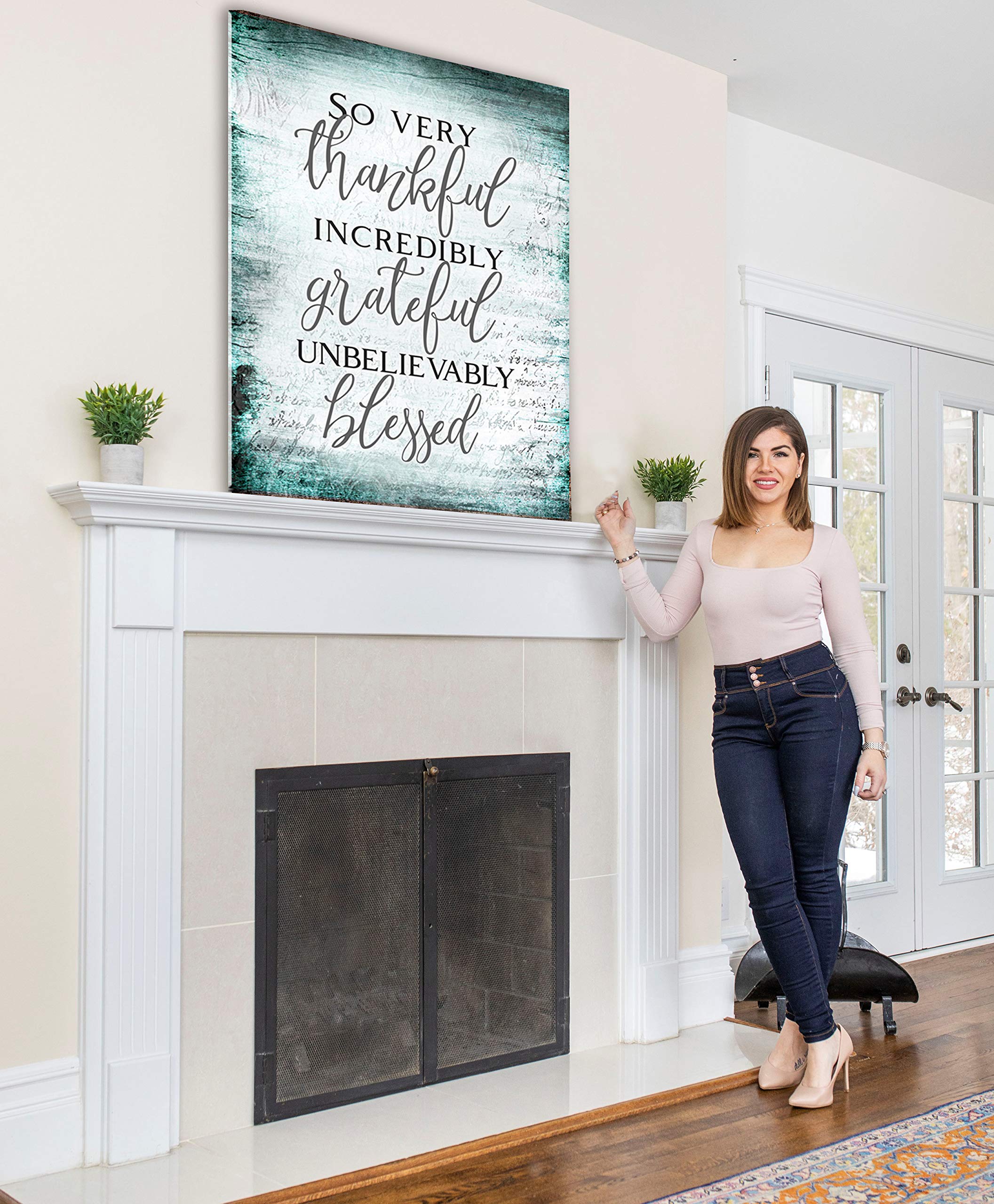 Christian Wall Art - Blessed Sign & Thankful Quotes Wall Decor | Rustic Farmhouse Religious Home Decor | 30 x 40 Inch Brown Wooden Plaque | Perfect for Living Room, Bedroom & Church Inspirational Gift